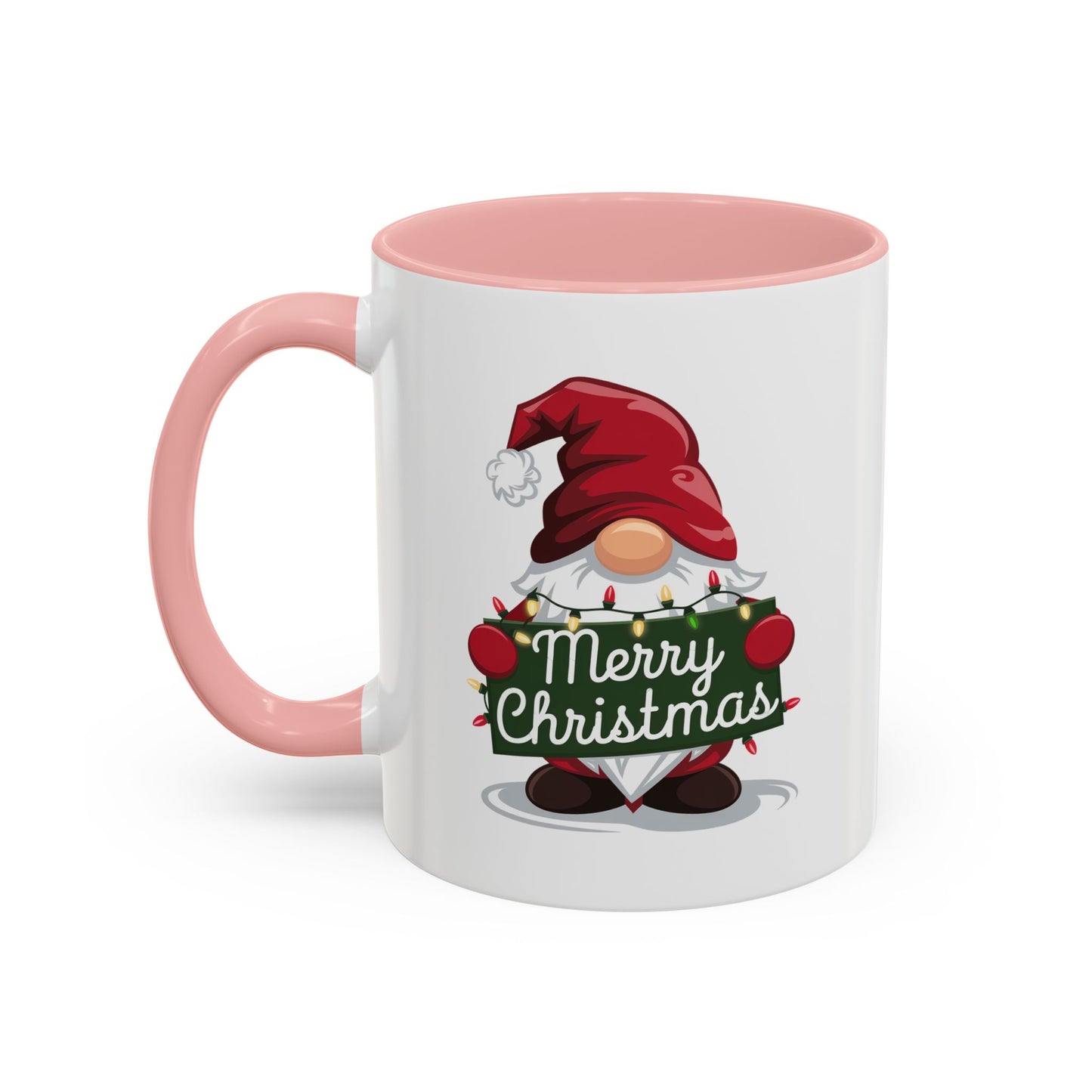 Christmas Mug - Merry Christmas White & Green Text Gnome Lights