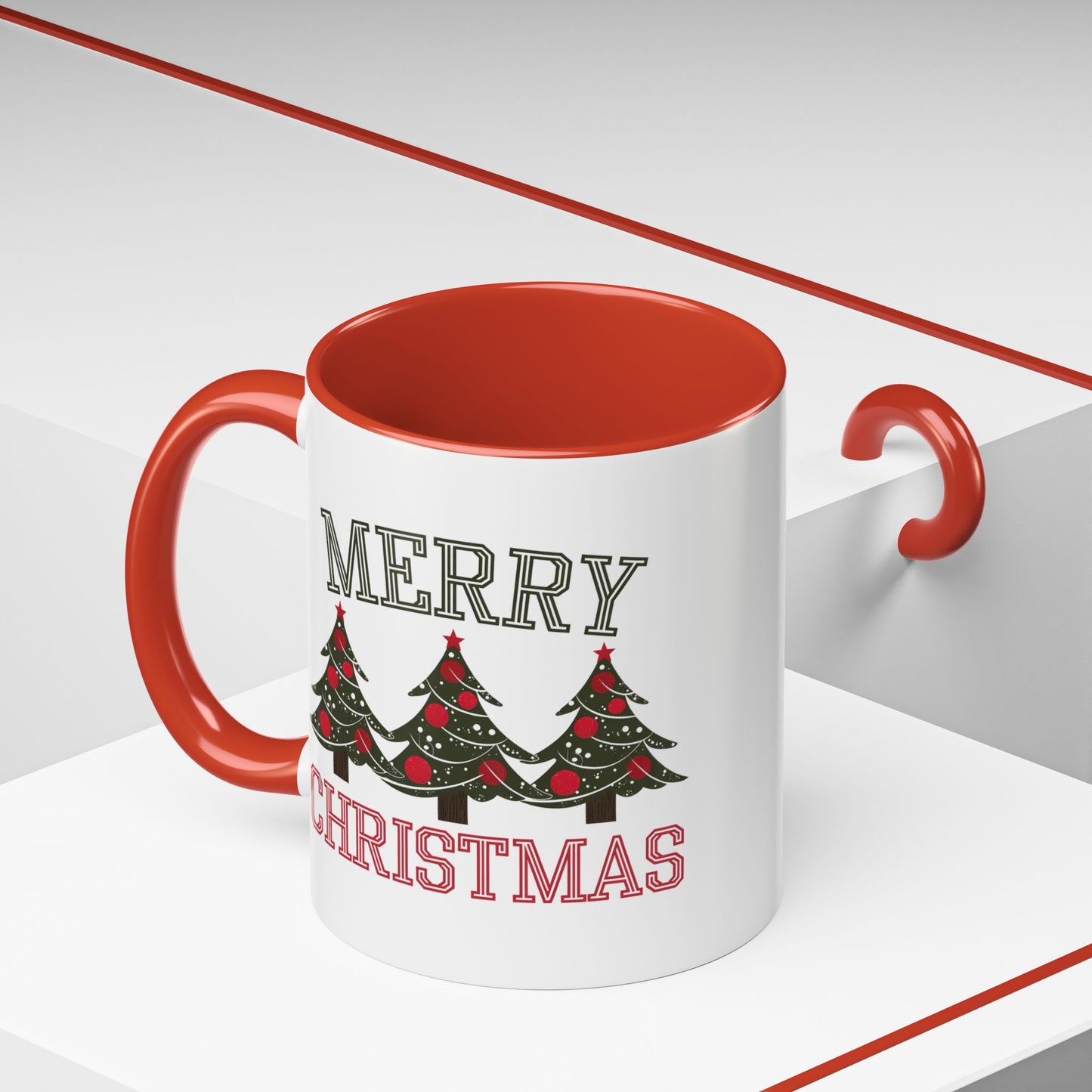 Christmas Mug - Merry Christmas Green & Red Text Decorative Trees