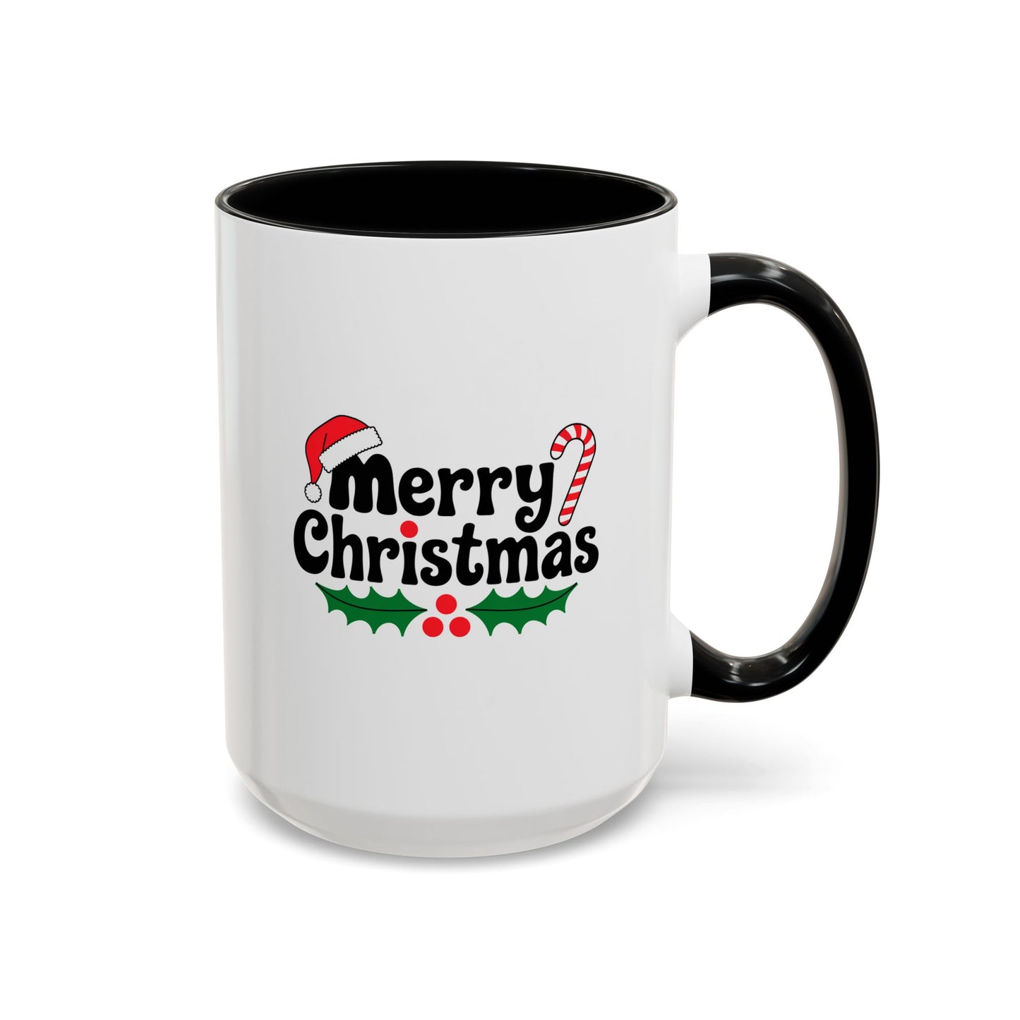 Christmas Mug - Merry Christmas Black Text Hat Cane Misletoe