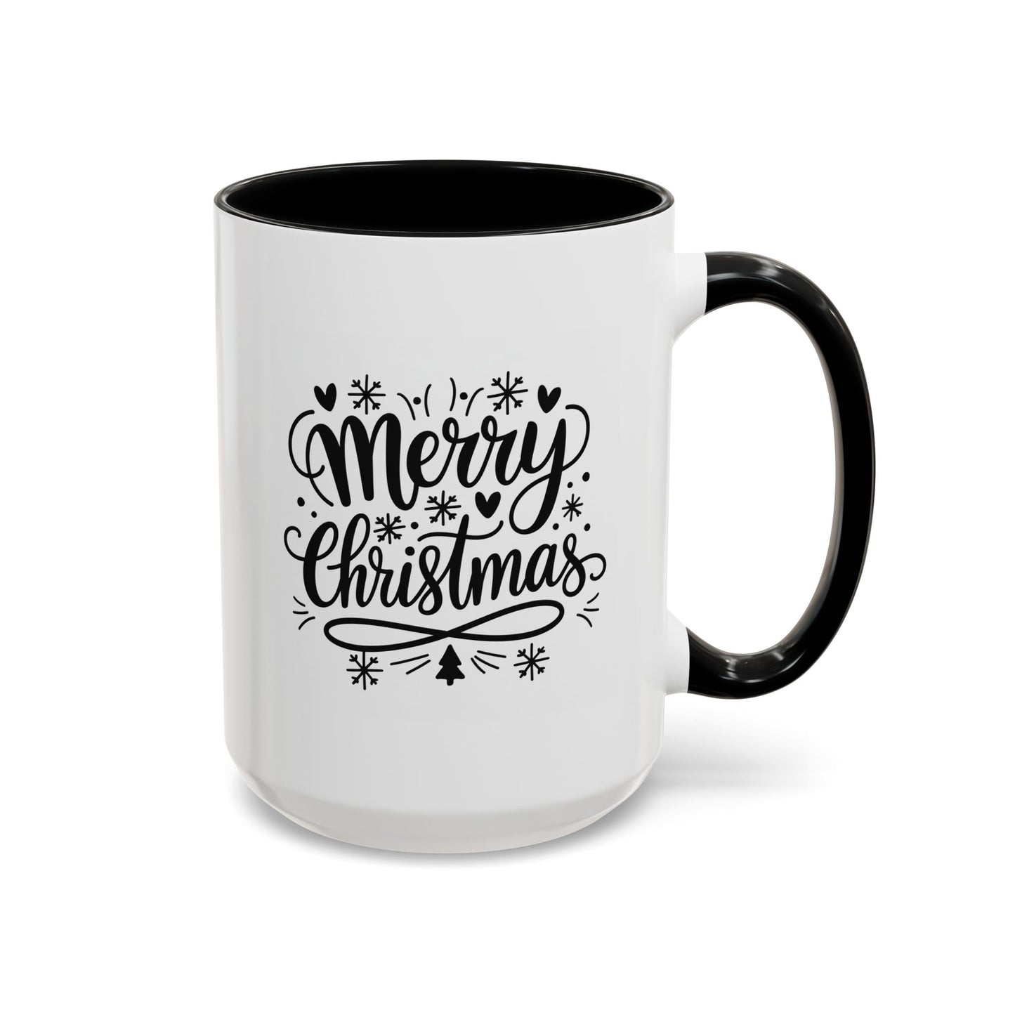 Christmas Mug - Merry Christmas Black Text Tree Snowflakes Hearts