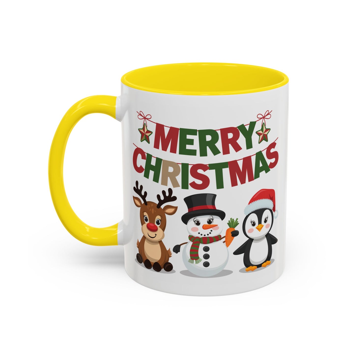 Christmas Mug - Red Green & Gold Text Reindeer Snowman Penguin