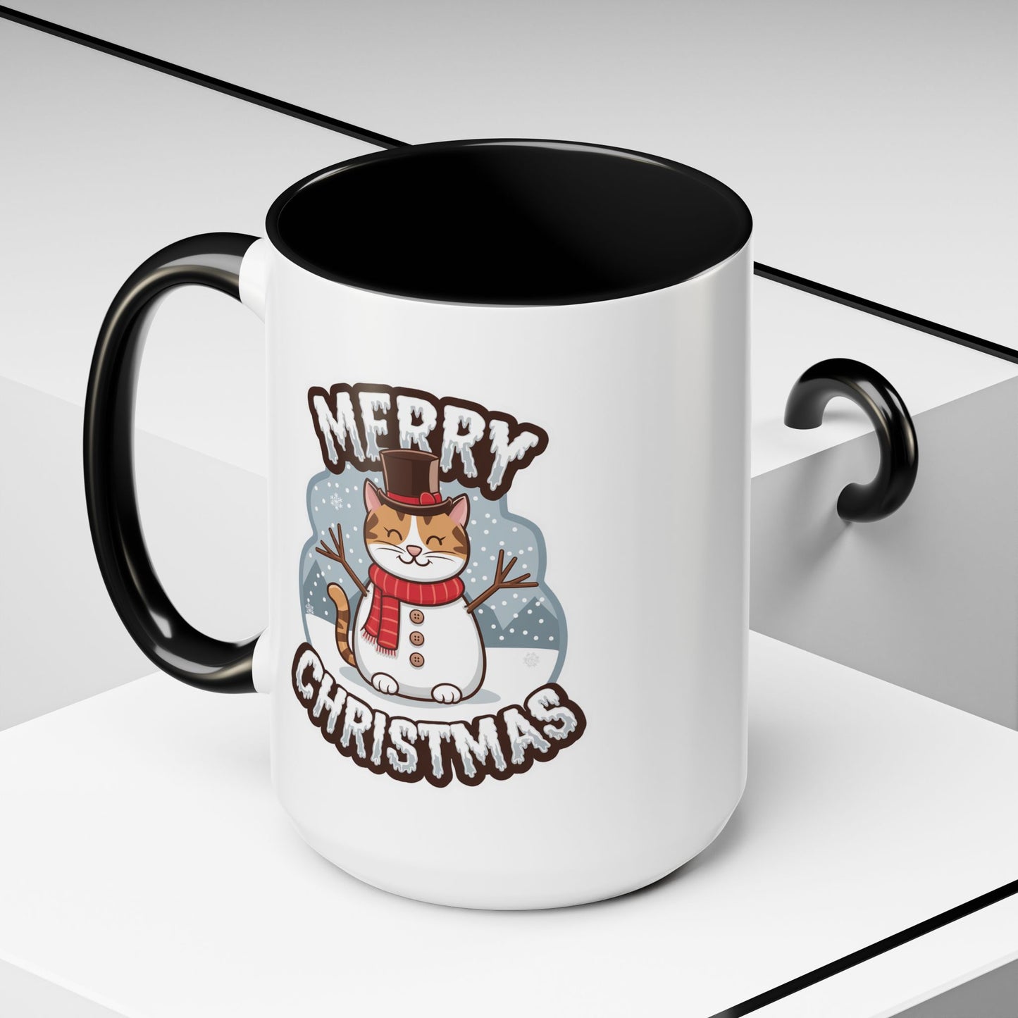 Christmas Mug - Merry Christmas Black & White Text Snowman Cat