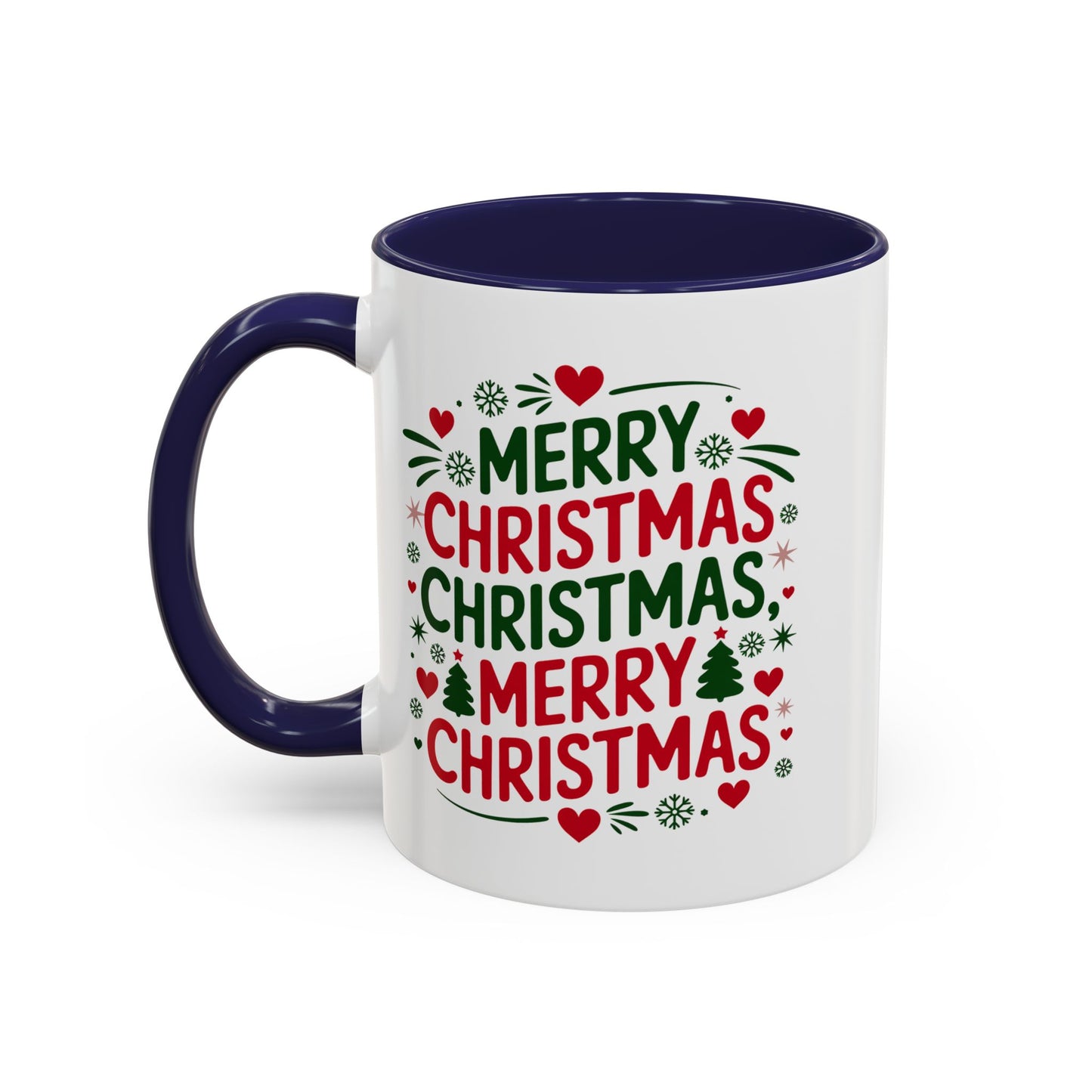 Christmas Mug - Merry Christmas Green & Red Text Trees Hearts Snowflakes Stars