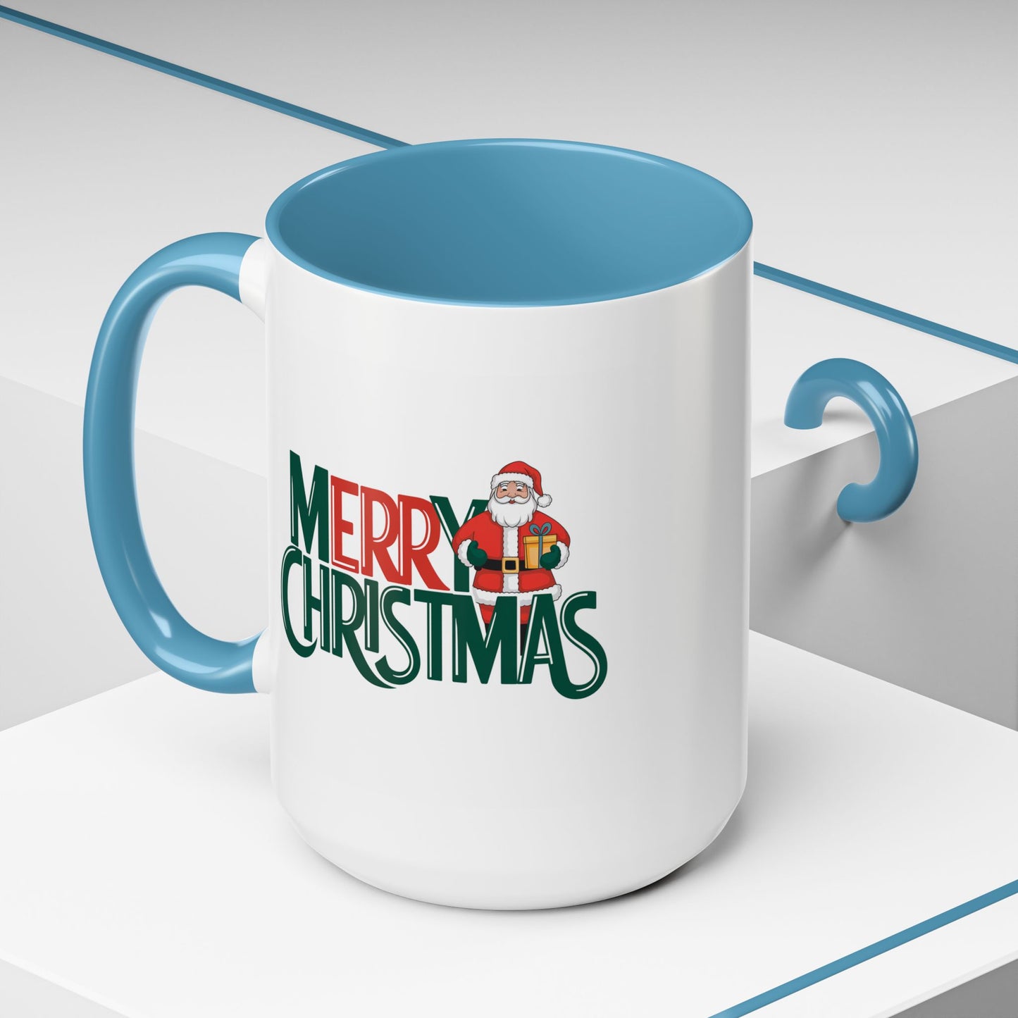 Christmas Mug - Merry Christmas Green & Red Text Santa Present