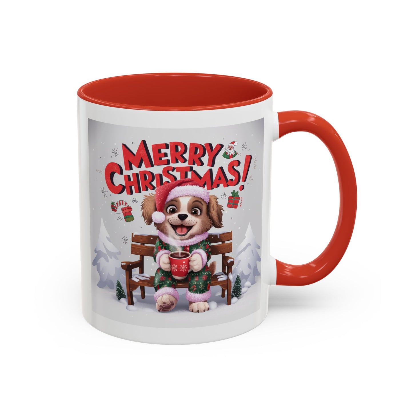 Christmas Mug - Merry Christmas Red Text Puppy Green & Red Top