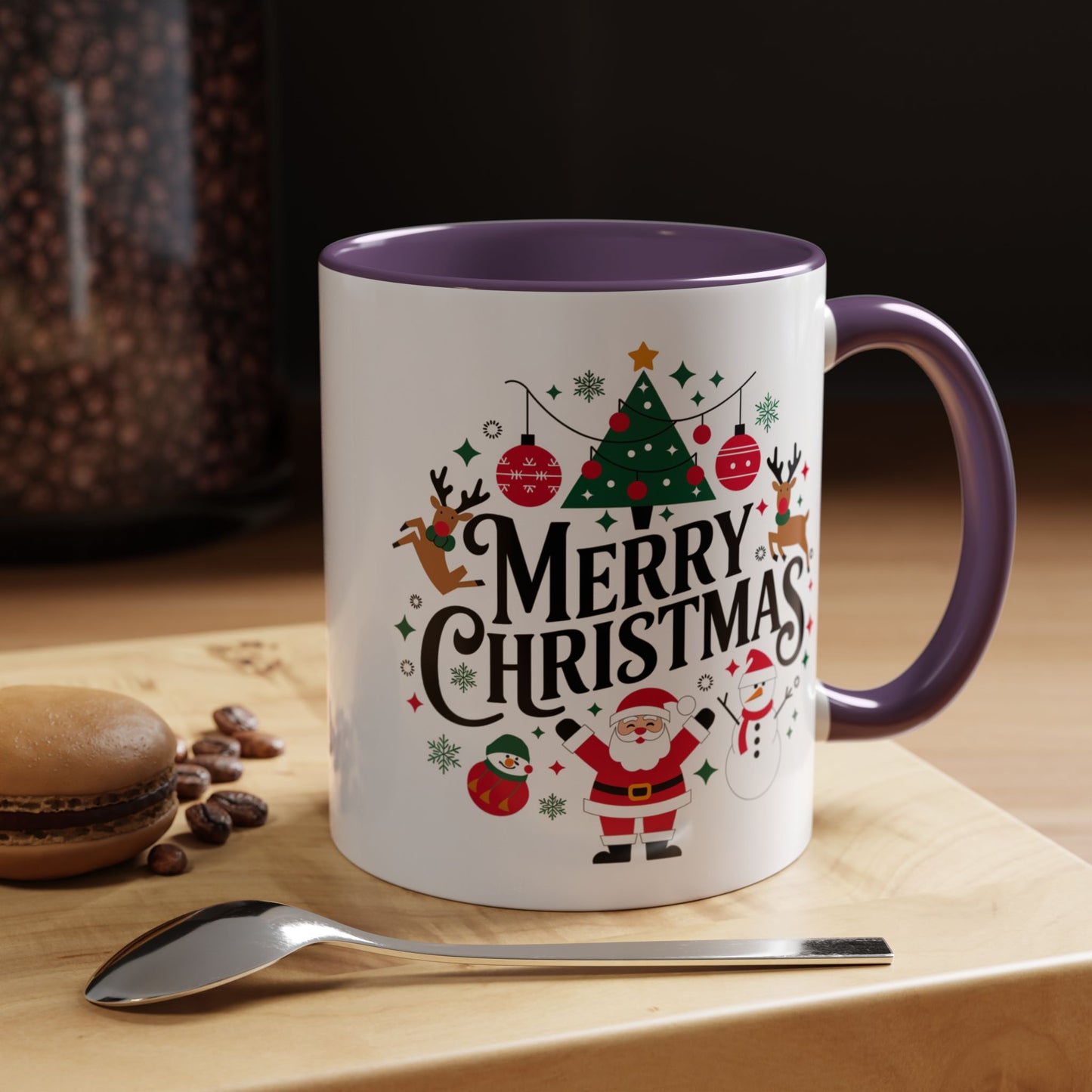 Christmas Mug - Merry Christmas Black Text Santa Reindeer Snowmen Ornaments