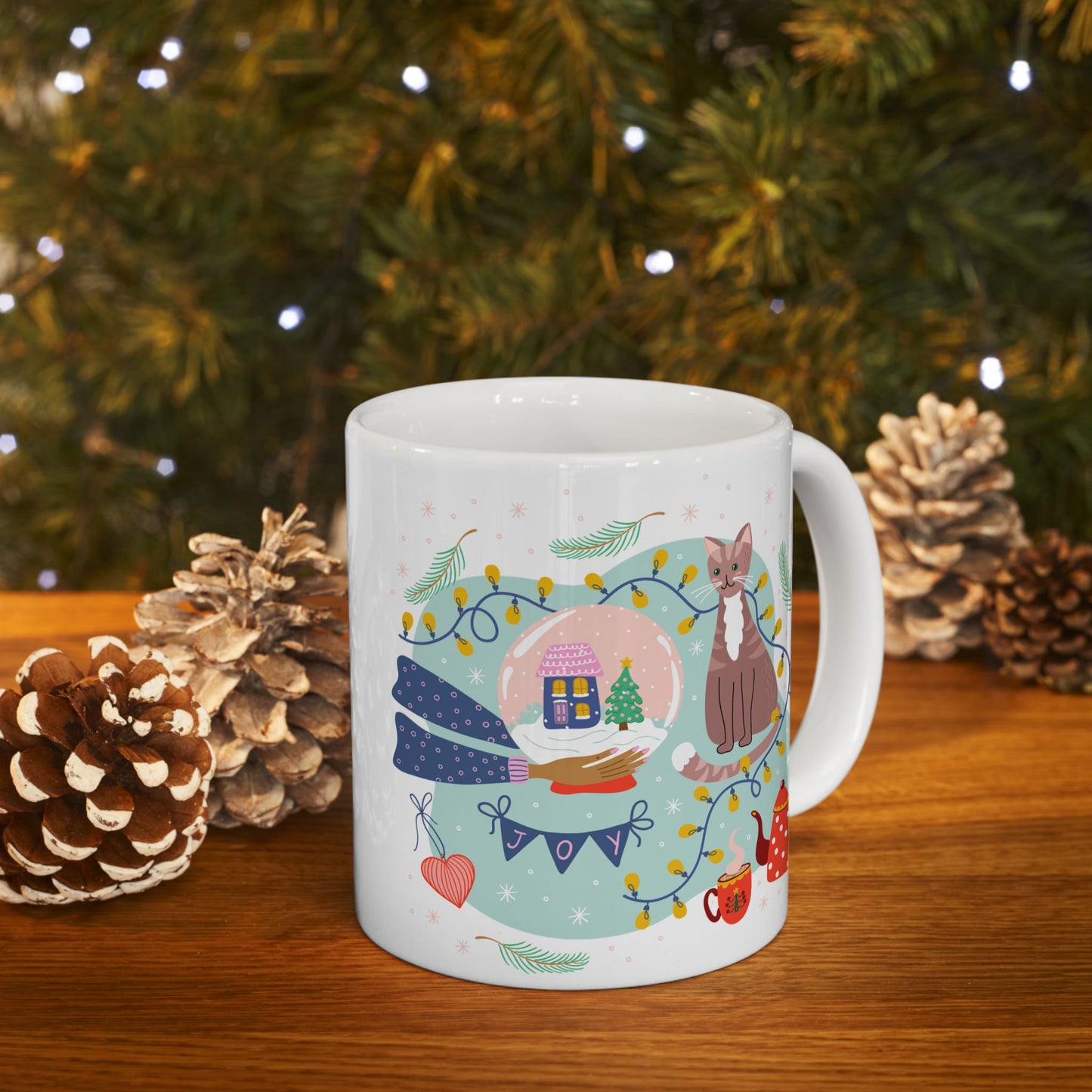 Christmas Mug - Joy Cat Snow Globe Heart Cup Lights