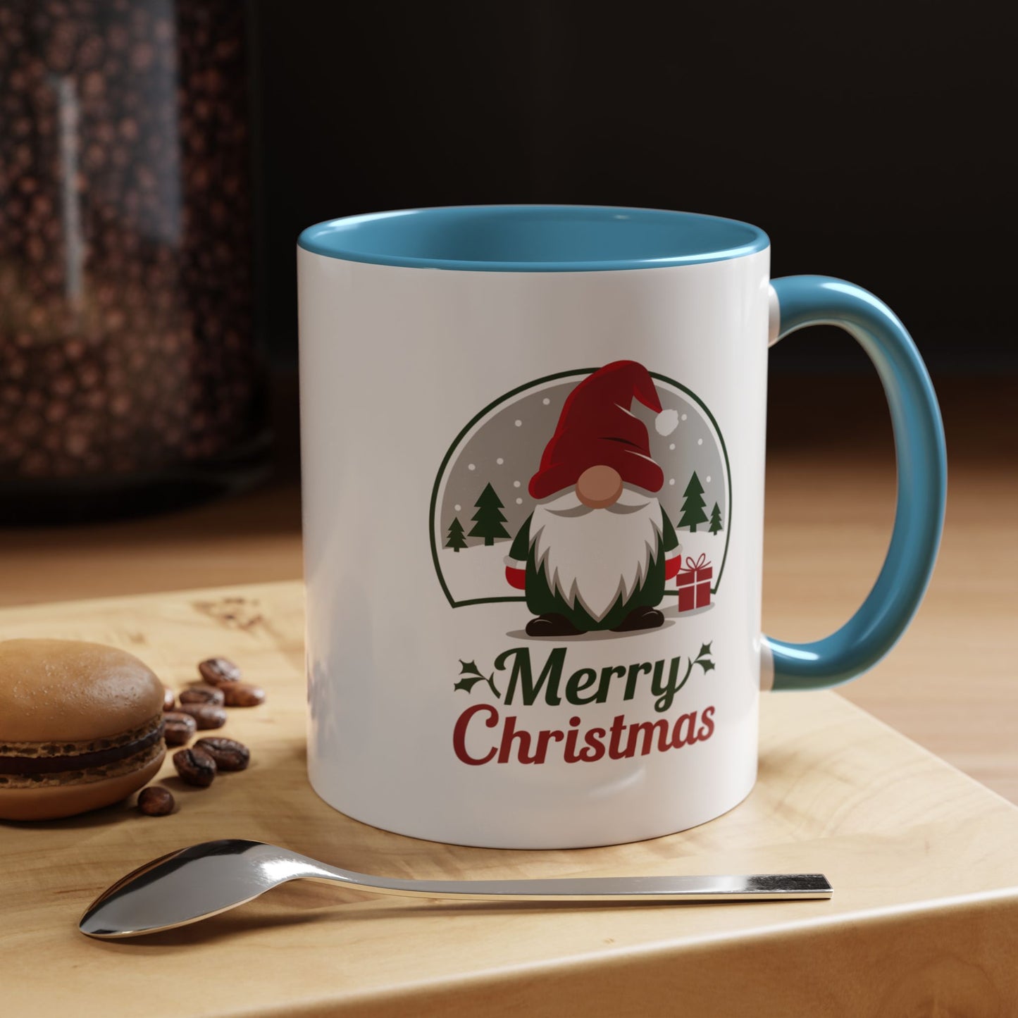 Christmas Mug - Merry Christmas Green & Red Text Gnome Present Trees