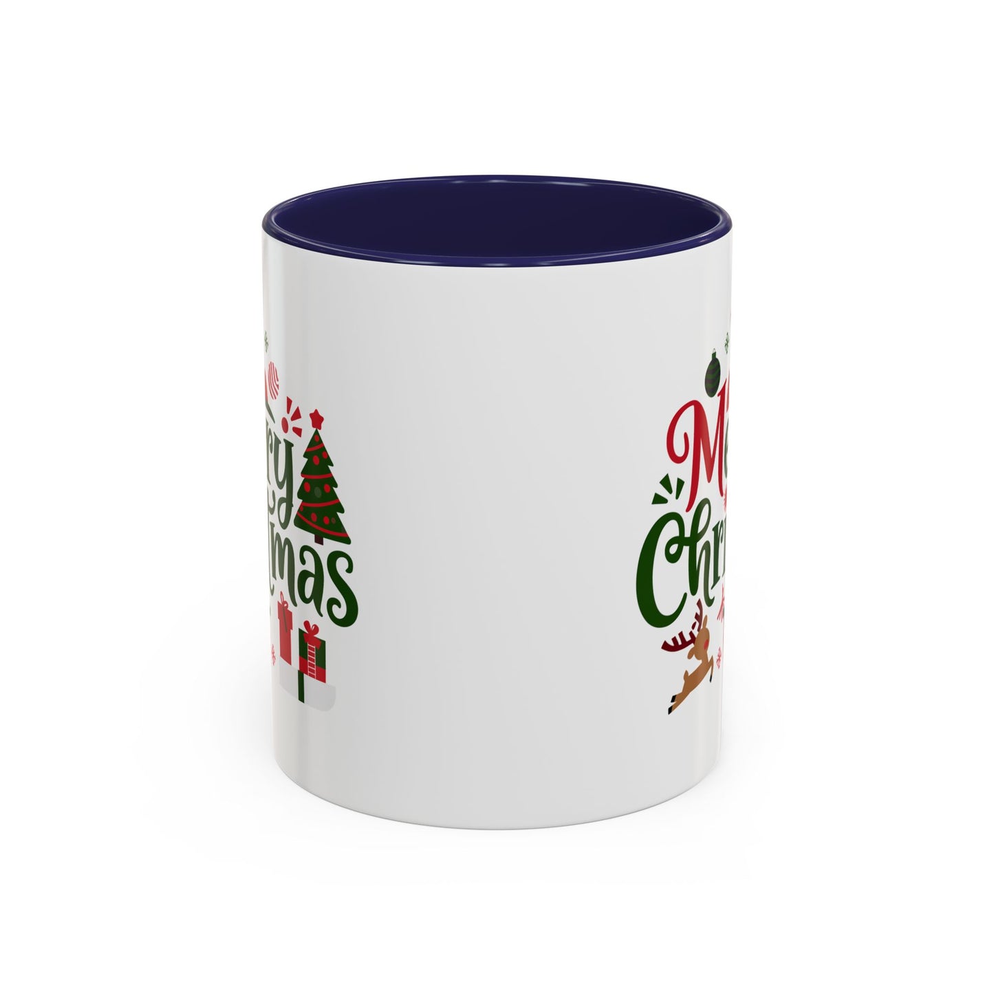 Christmas Mug - Merry Christmas Red & Green Text Santa Reindeer Tree Sleigh Ornaments