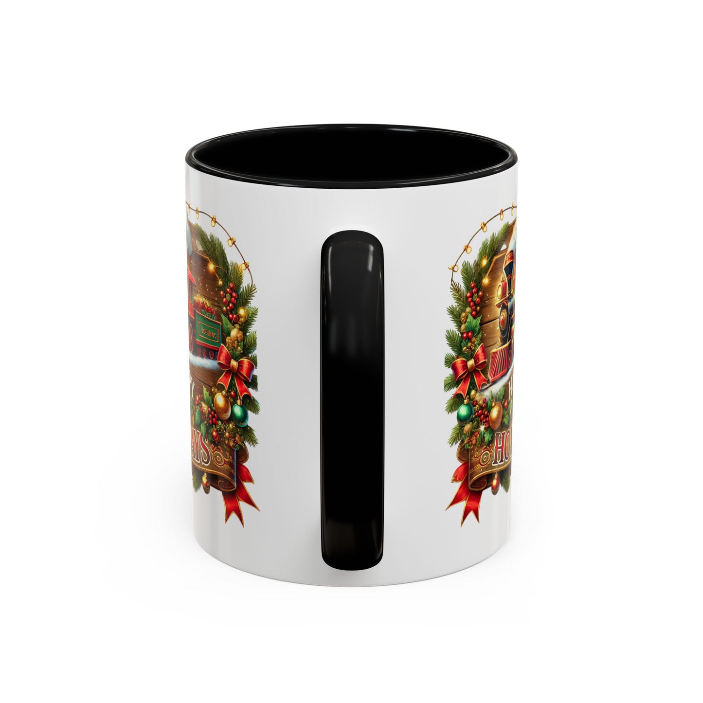 Christmas Mug - Happy Holidays White & Red Text Steam Locomotive