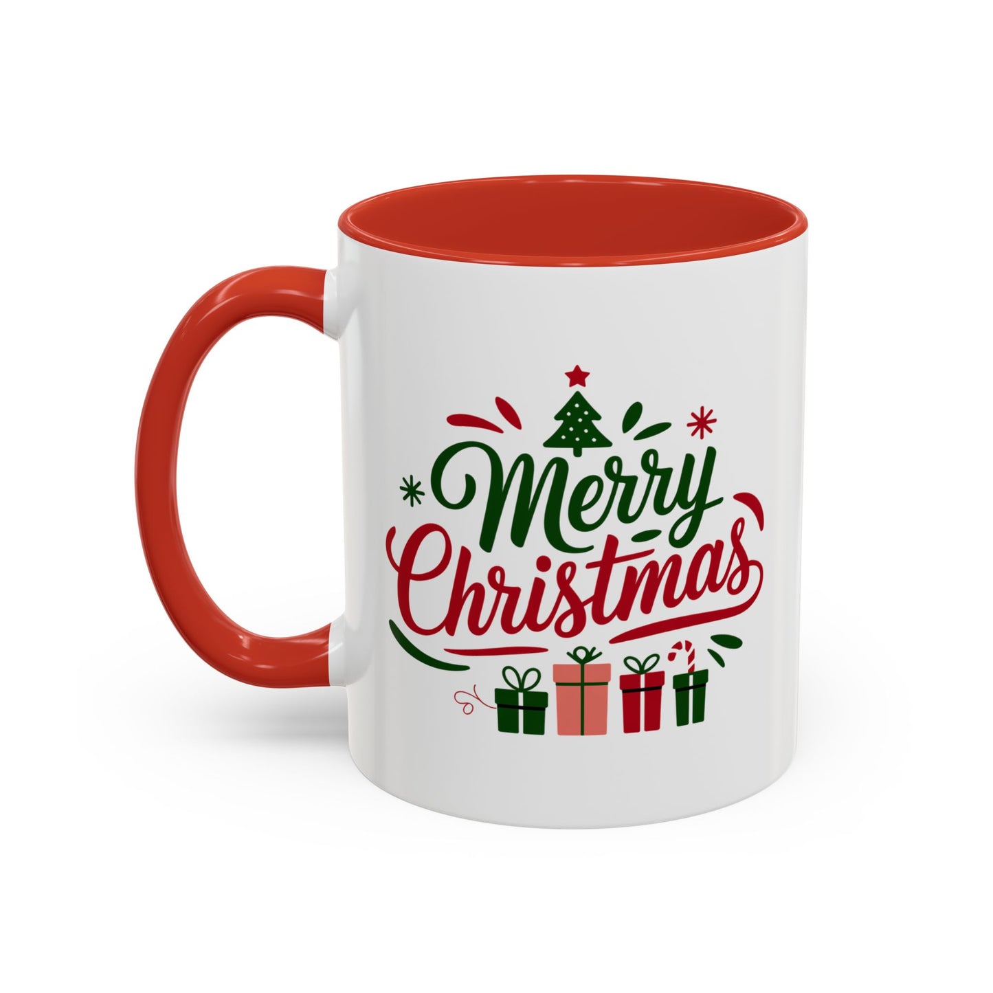Christmas Mug - Merry Christmas Green & Red Text Tree Snowflakes Presents