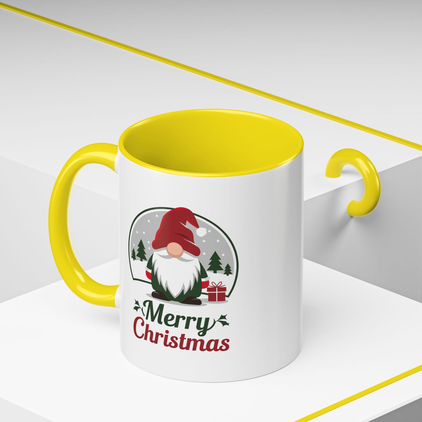 Christmas Mug - Merry Christmas Green & Red Text Gnome Present Trees