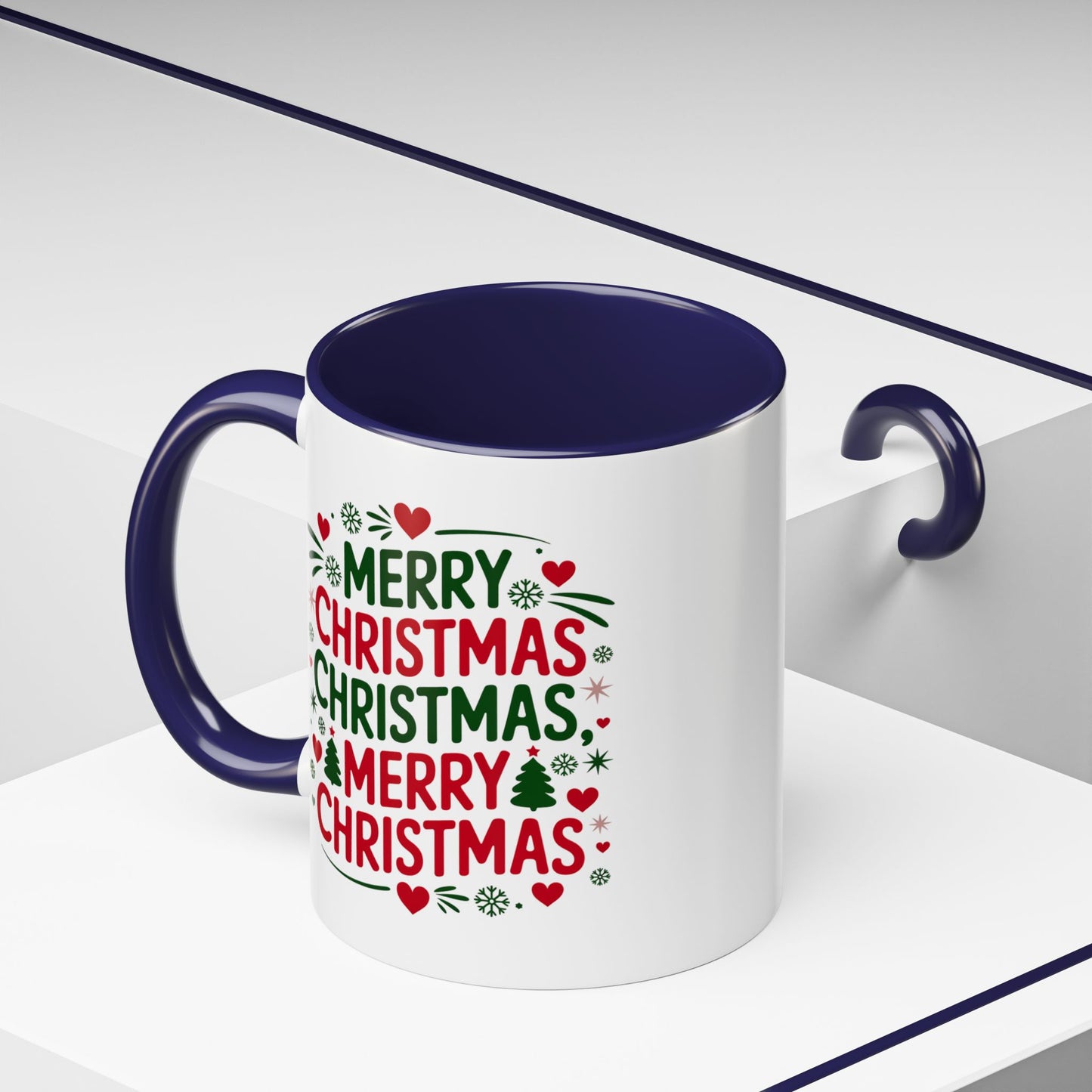 Christmas Mug - Merry Christmas Green & Red Text Trees Hearts Snowflakes Stars