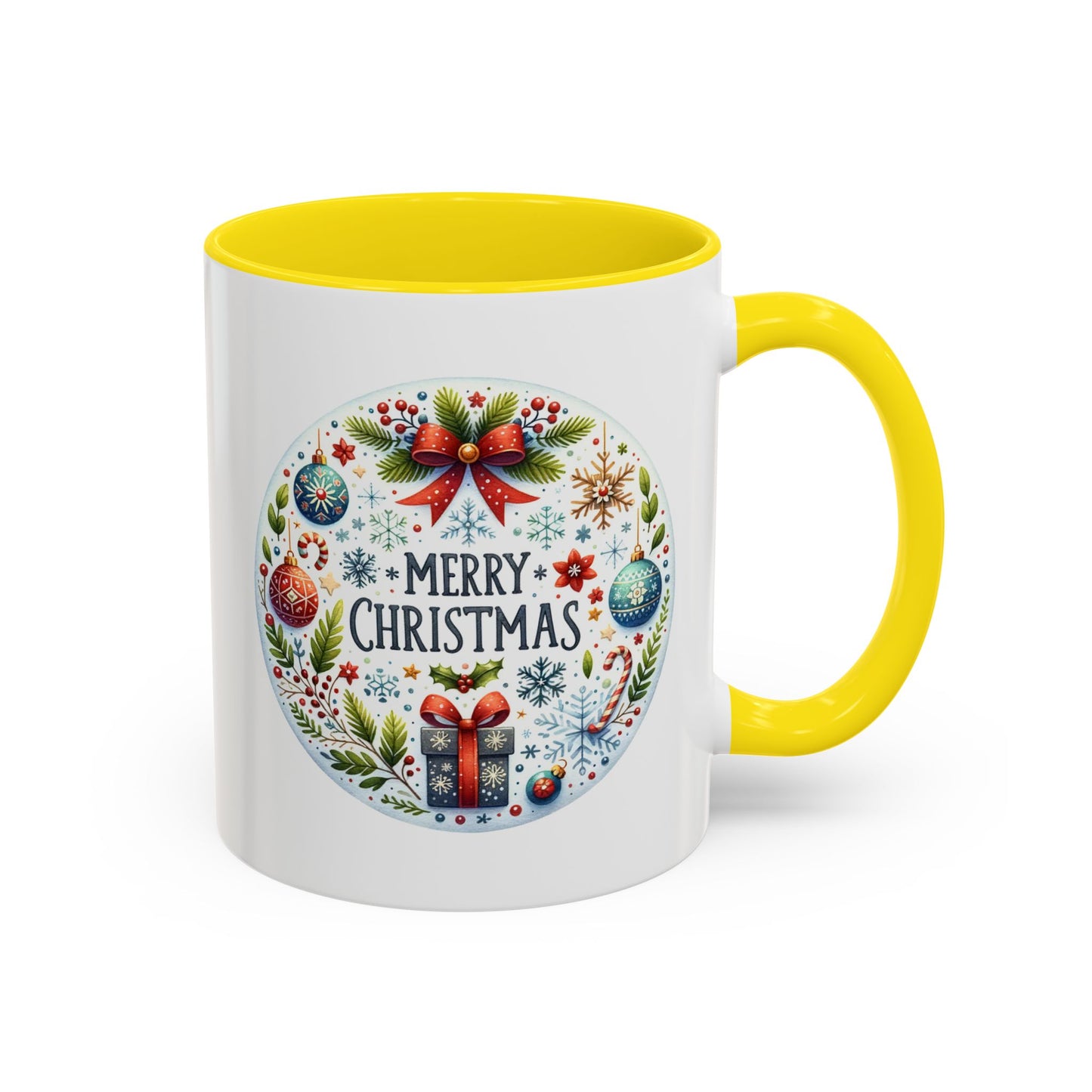 Christmas Mug - Merry Christmas Blue Text Bow Present Ornaments