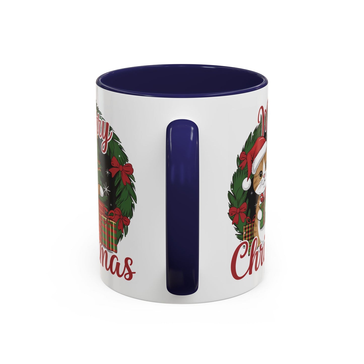 Christmas Mug - Merry Christmas Red Text Cat Presents Wreath
