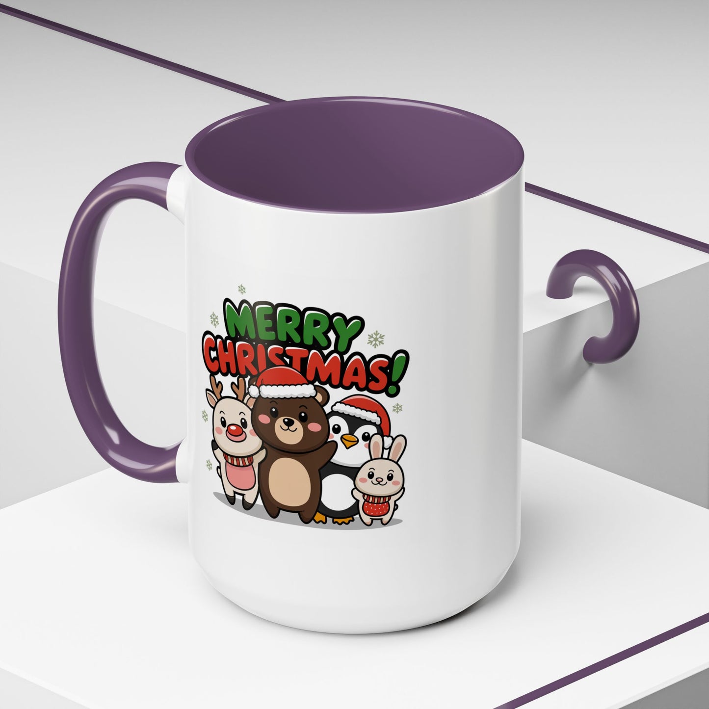 Christmas Mug - Merry Christmas Green & Red Text Cute Animals