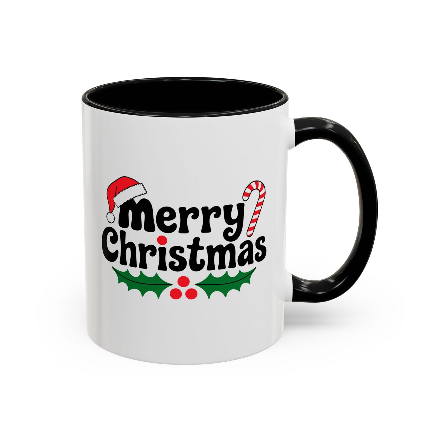 Christmas Mug - Merry Christmas Black Text Hat Cane Misletoe