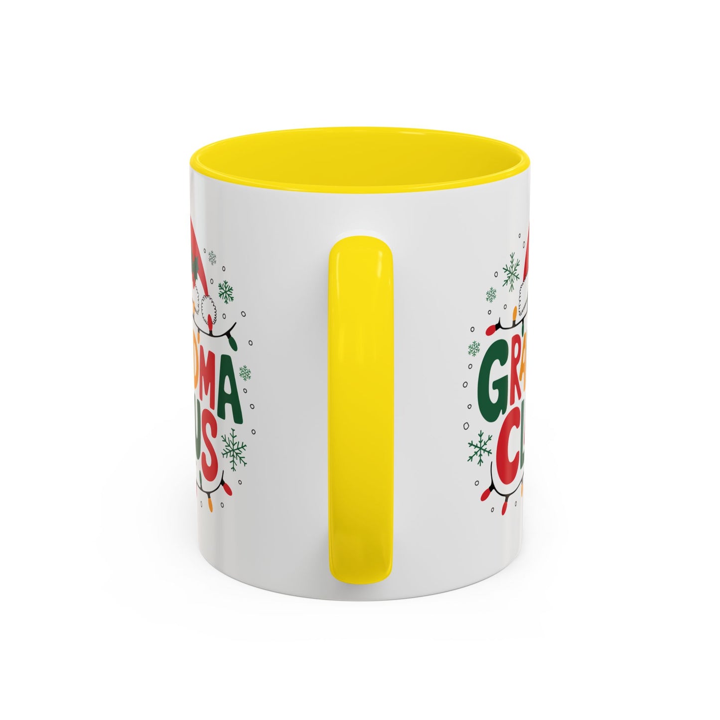 Christmas Mug - Grandma Claus Green Yellow & Red Text Hat Lights Stars
