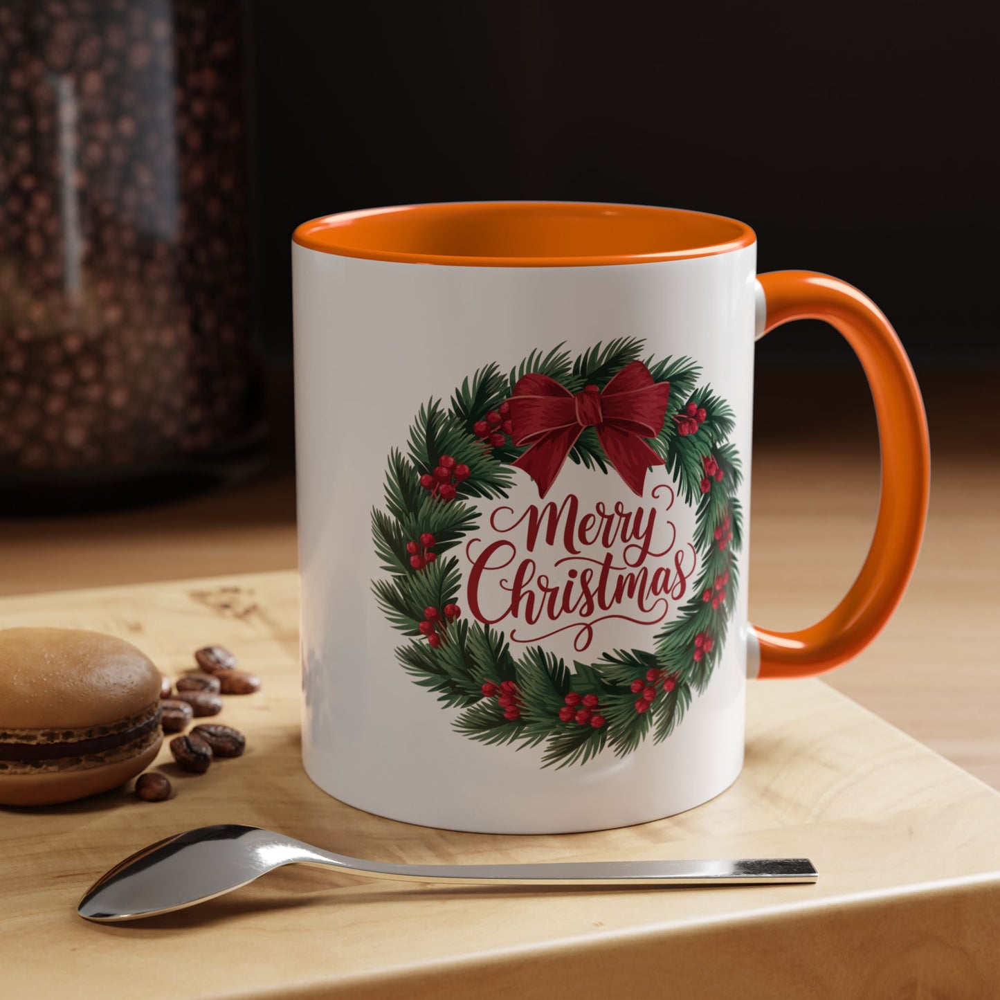 Christmas Mug - Merry Christmas Red Text Bow Wreath