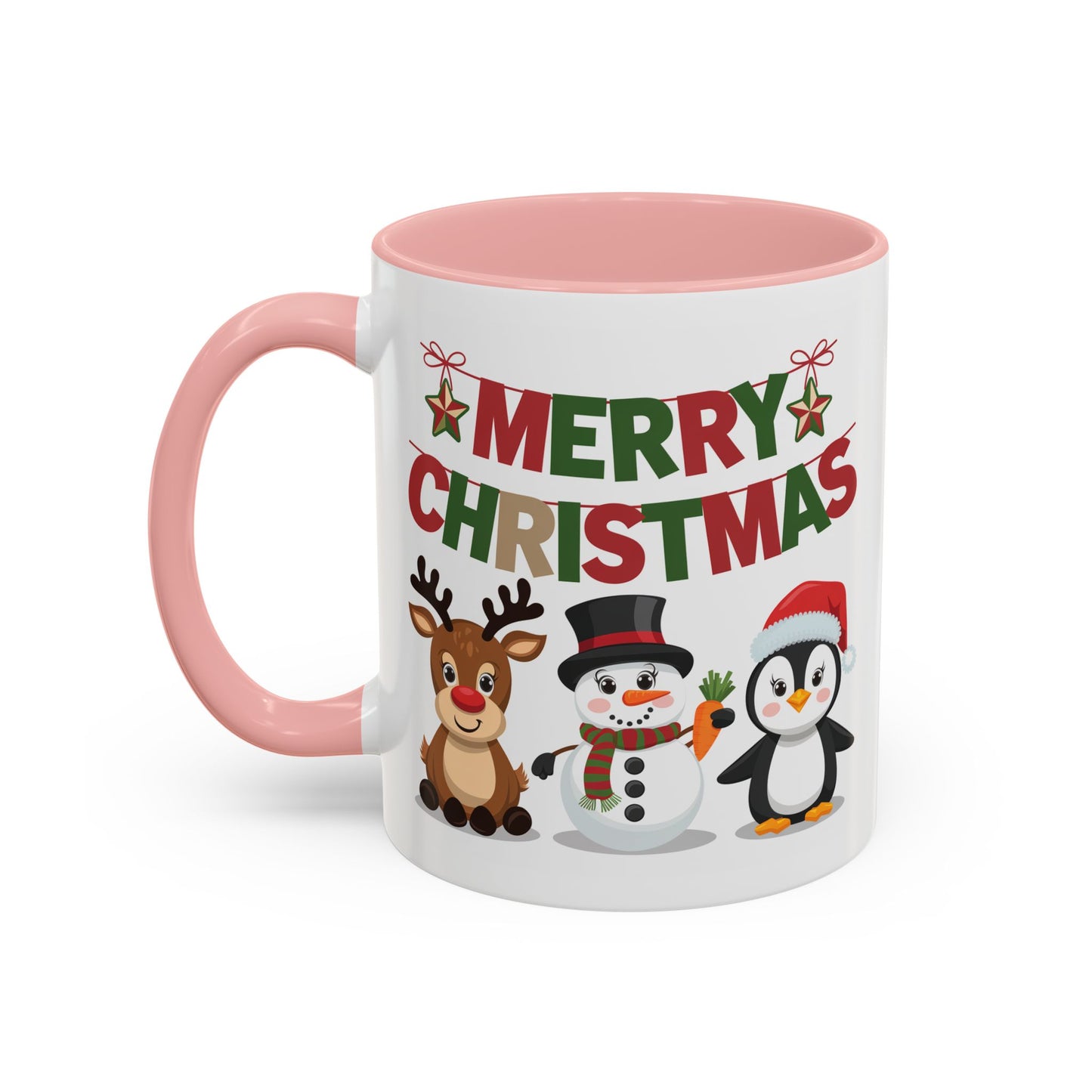 Christmas Mug - Red Green & Gold Text Reindeer Snowman Penguin