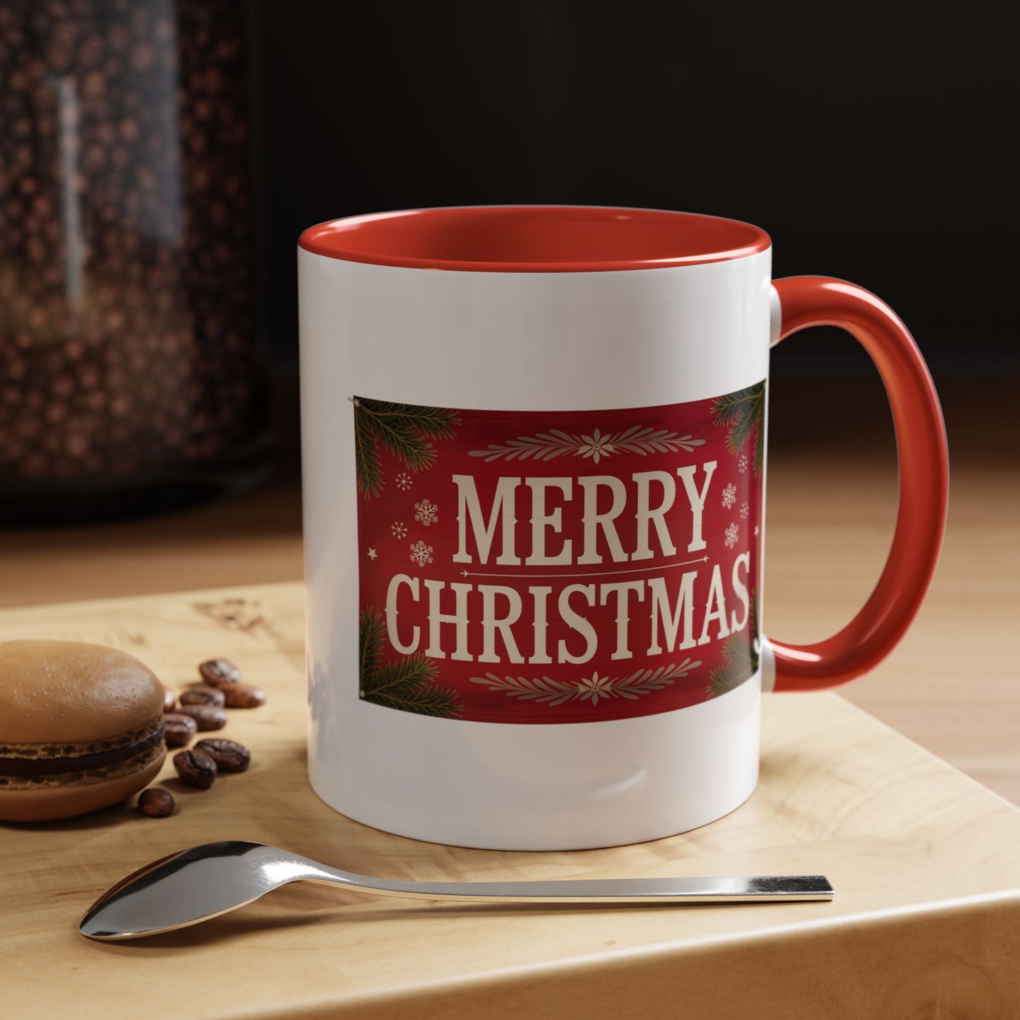 Christmas Mug - Merry Christmas Cream Text Maroon Background