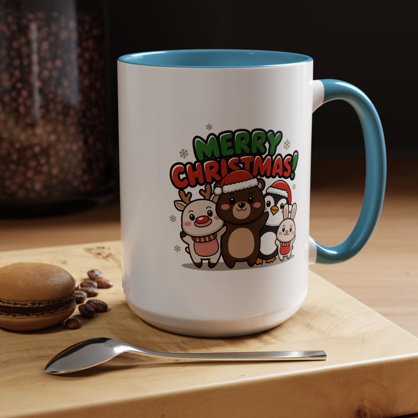 Christmas Mug - Merry Christmas Green & Red Text Cute Animals
