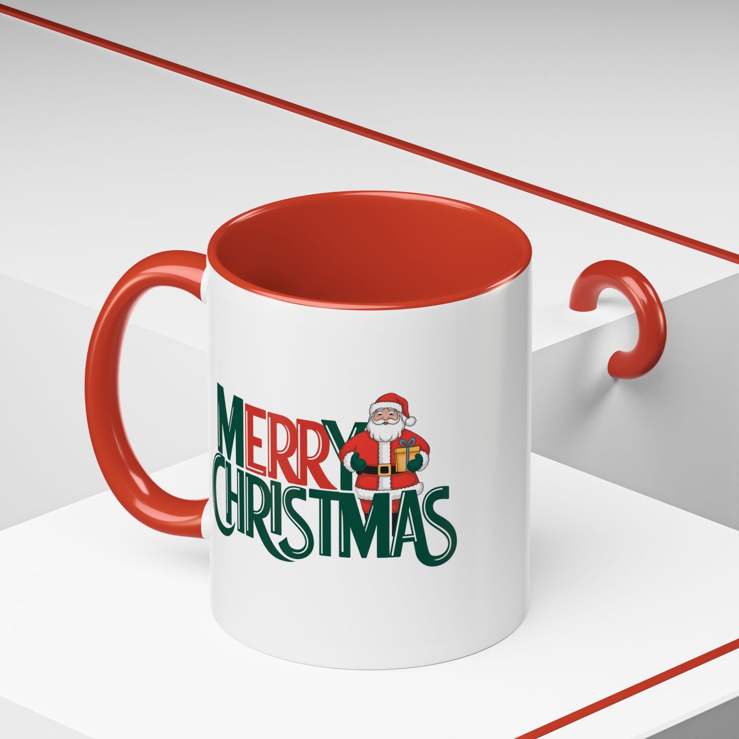 Christmas Mug - Merry Christmas Green & Red Text Santa Present
