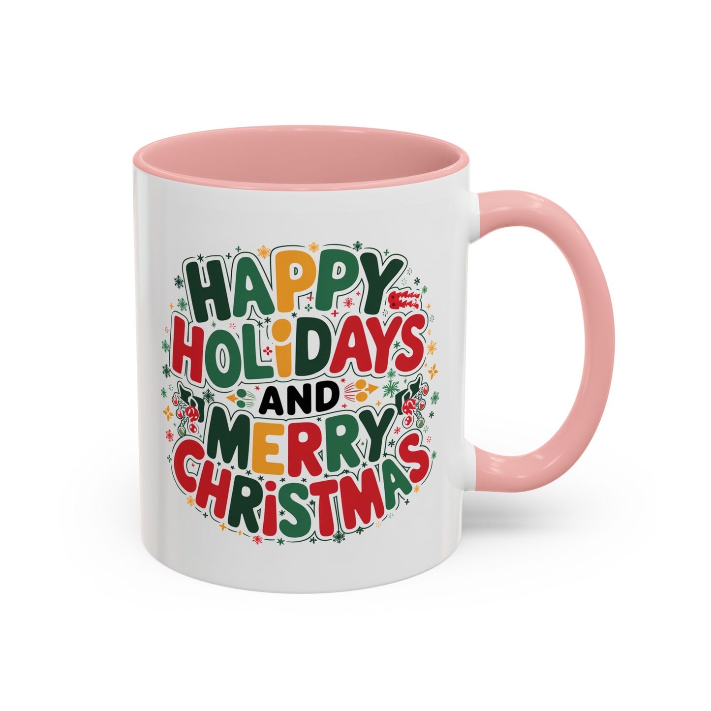 Christmas Mug - Happy Holidays and Merry Christmas Blue Green Yellow Red Text