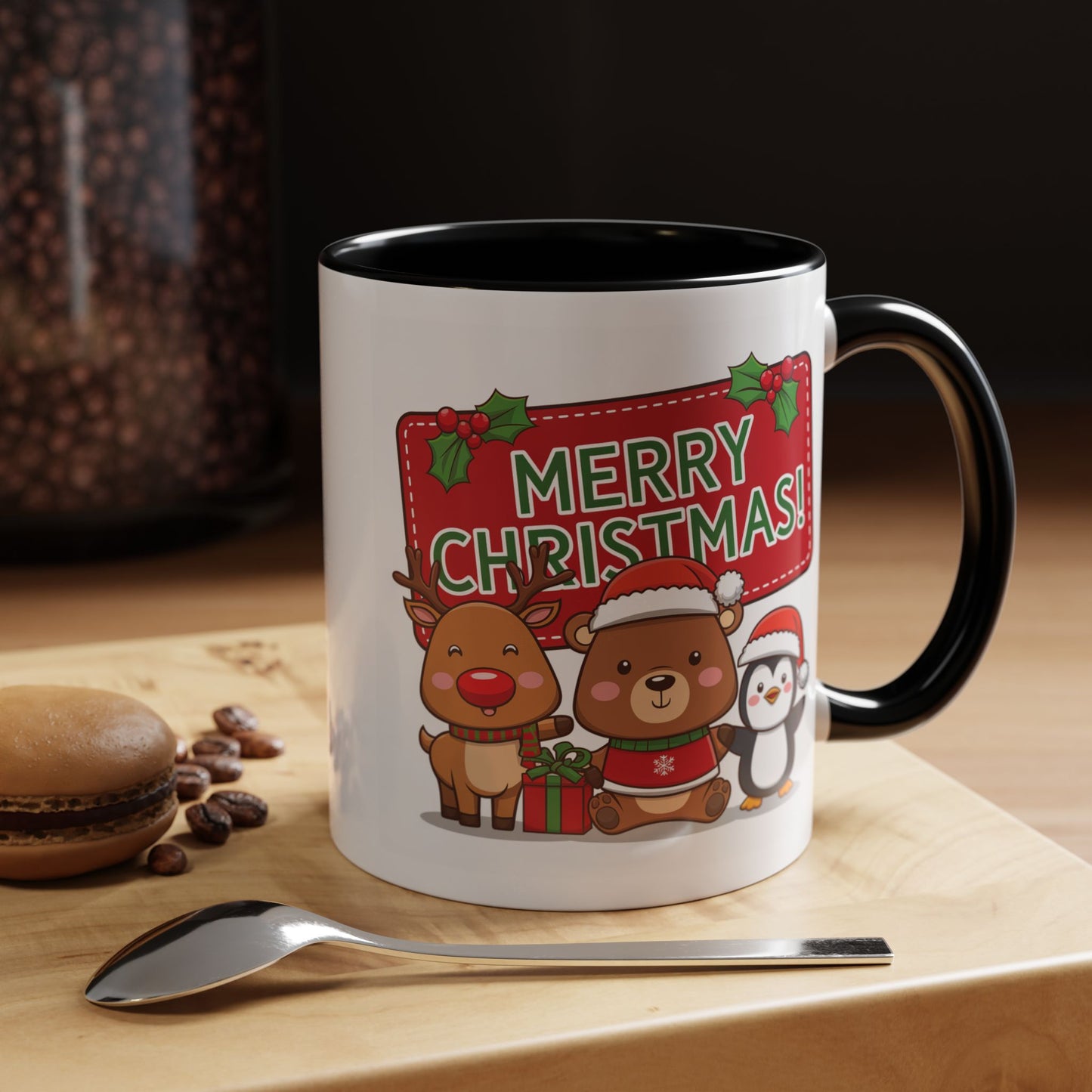Christmas Mug - Green Text Red Banner Reindeer Bear Penguin