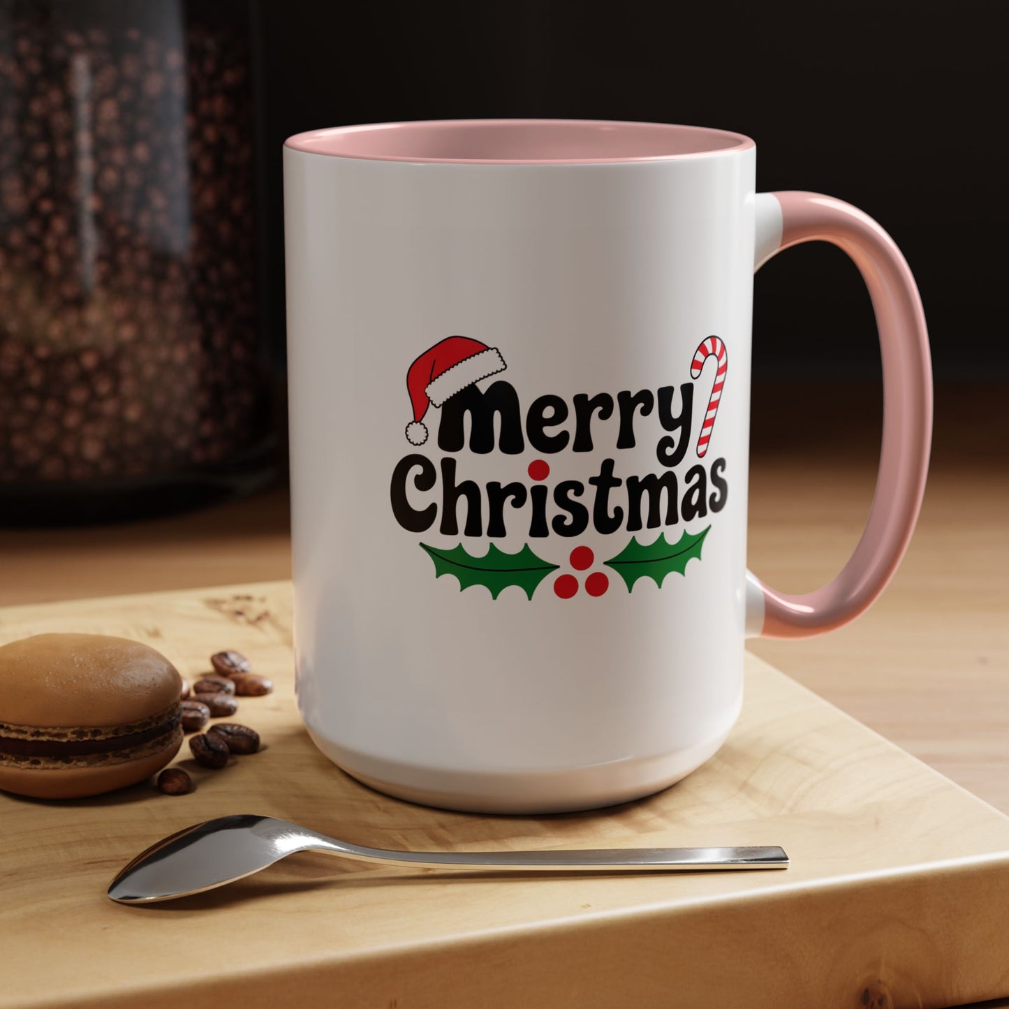Christmas Mug - Merry Christmas Black Text Hat Candy Cane Mistletoe