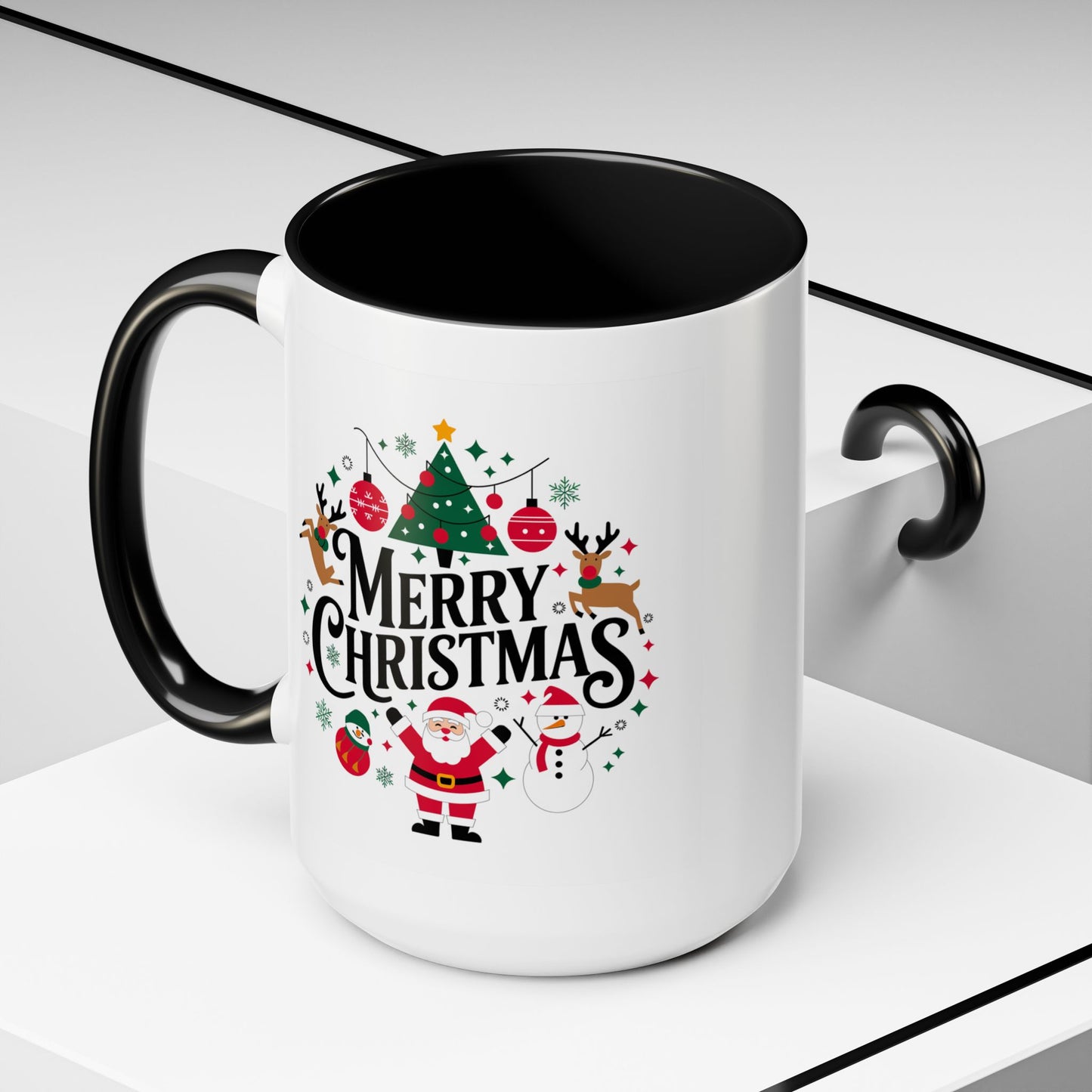 Christmas Mug - Merry Christmas Black Text Santa Reindeer Snowmen Ornaments