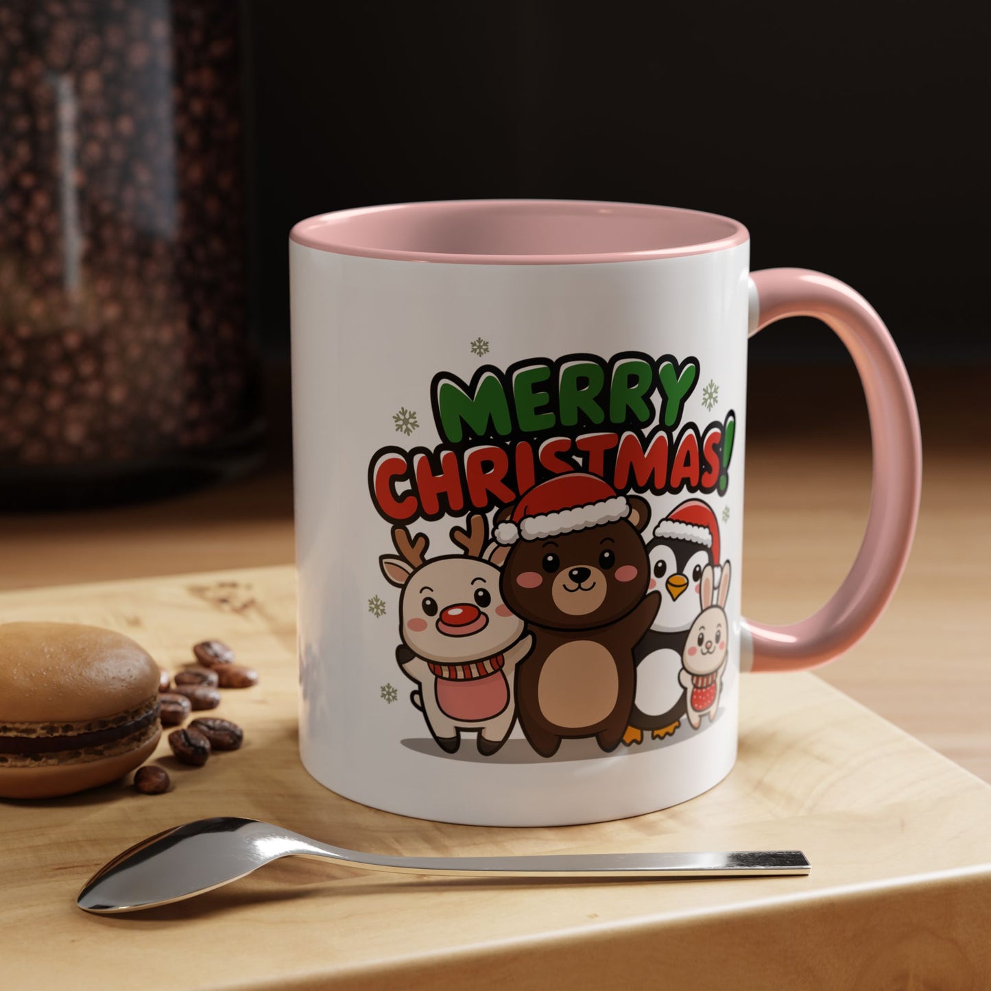Christmas Mug - Merry Christmas Green & Red Text Cute Animals