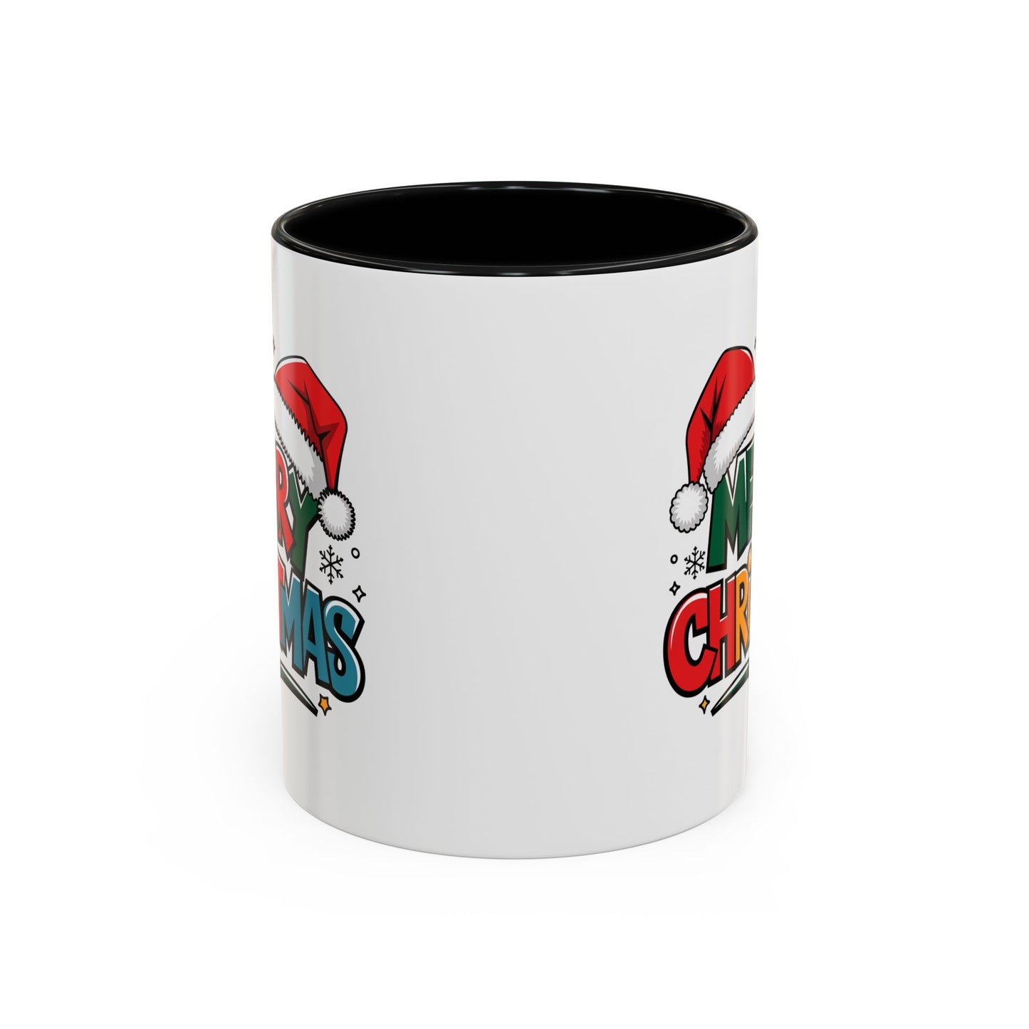 Christmas Mug - Merry Christmas Green Red Yellow and Blue Text Red Hats