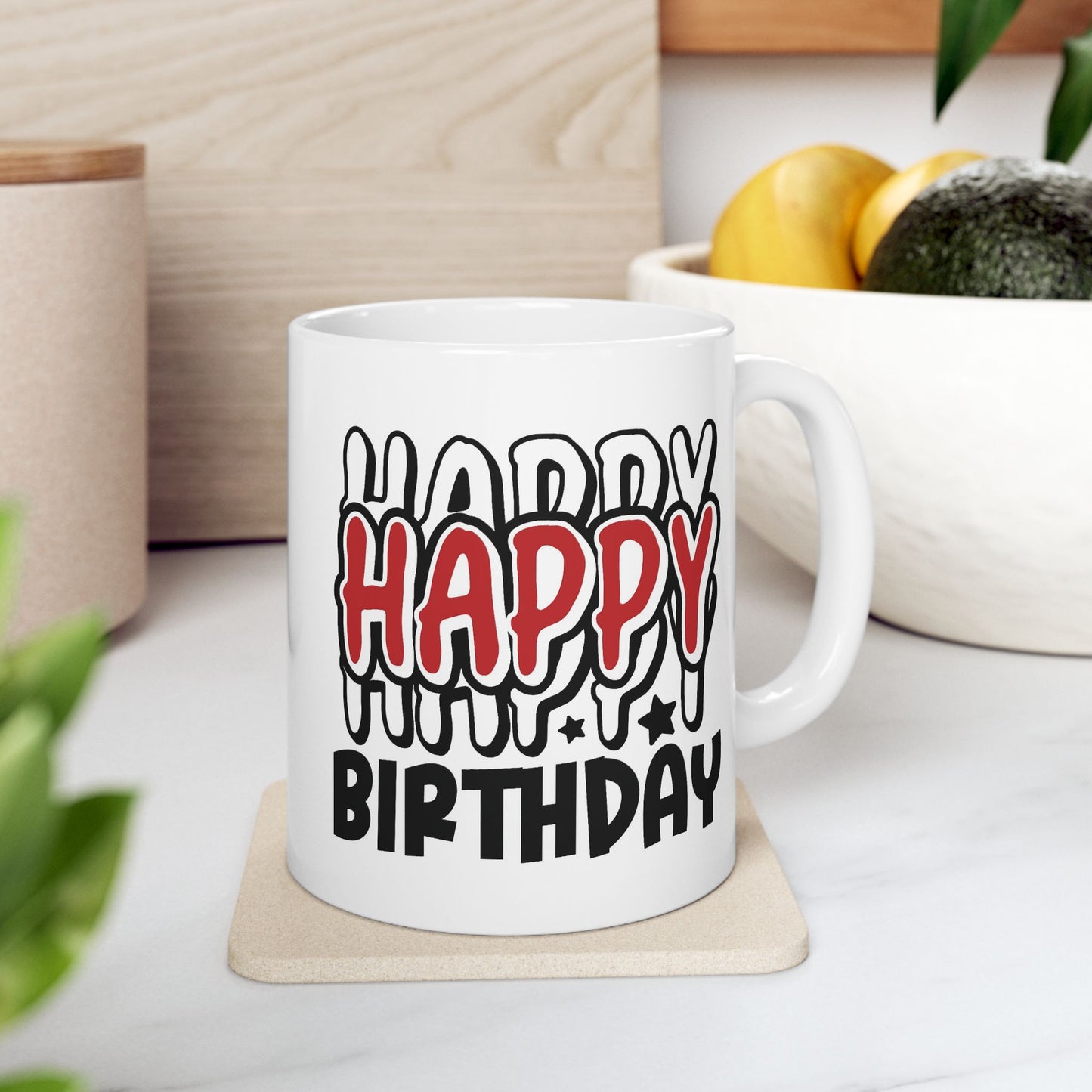 Birthday Mug - Happy Birthday Red White & Black Text