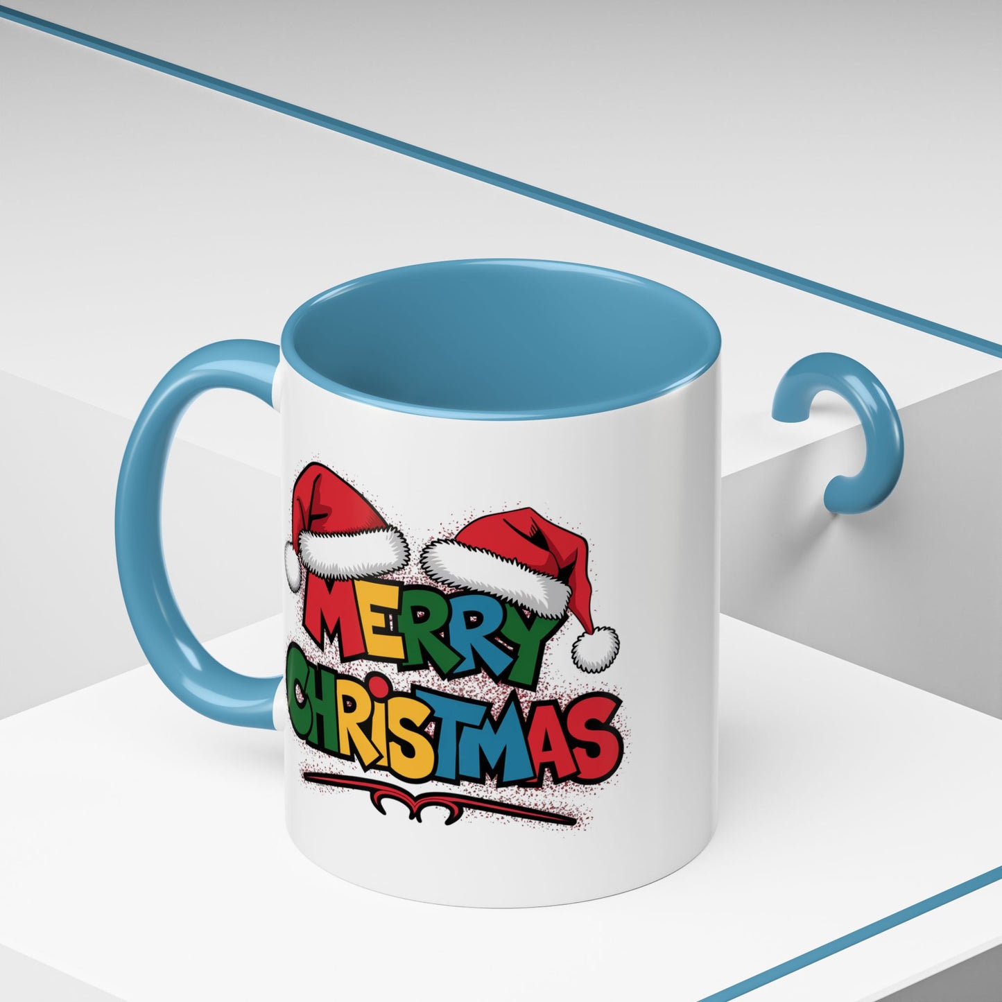 Christmas Mug - Merry Christmas Red Yellow & Blue Text Red Hats