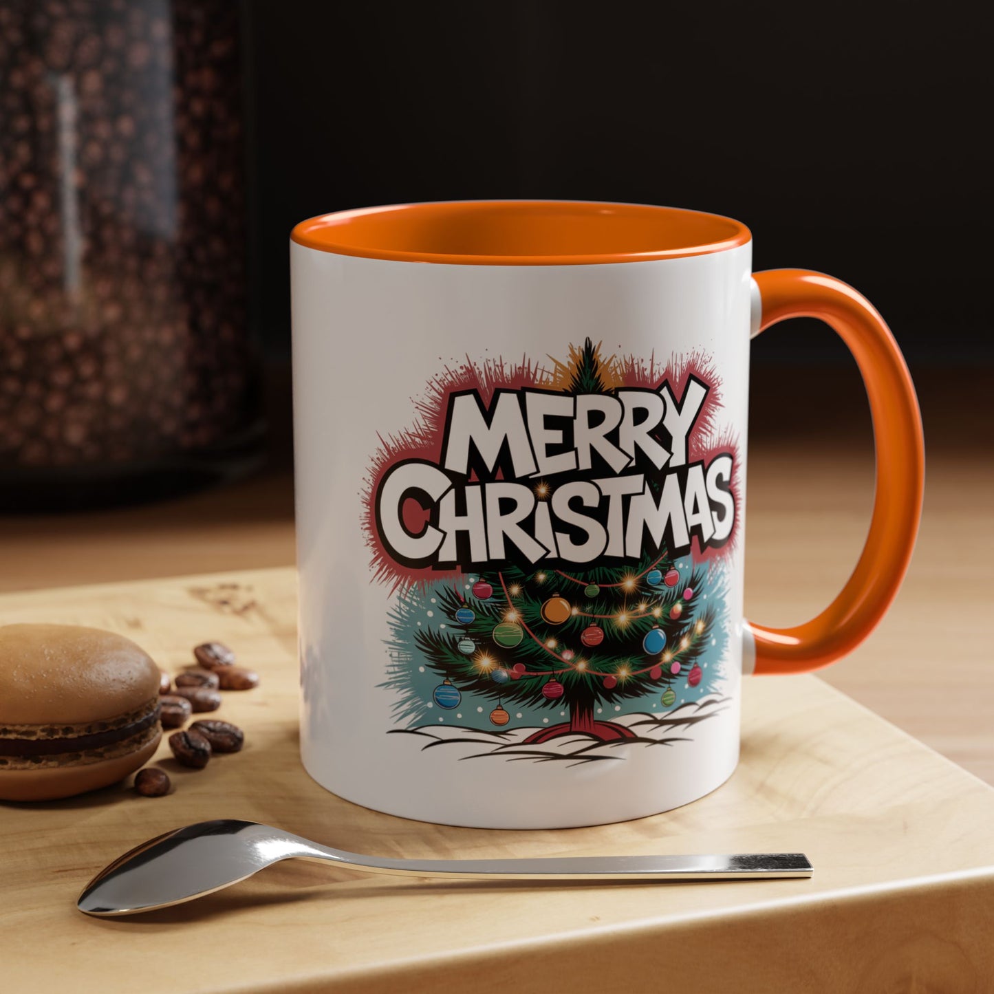 Christmas Mug - Merry Christmas White & Red Text Tree Lights