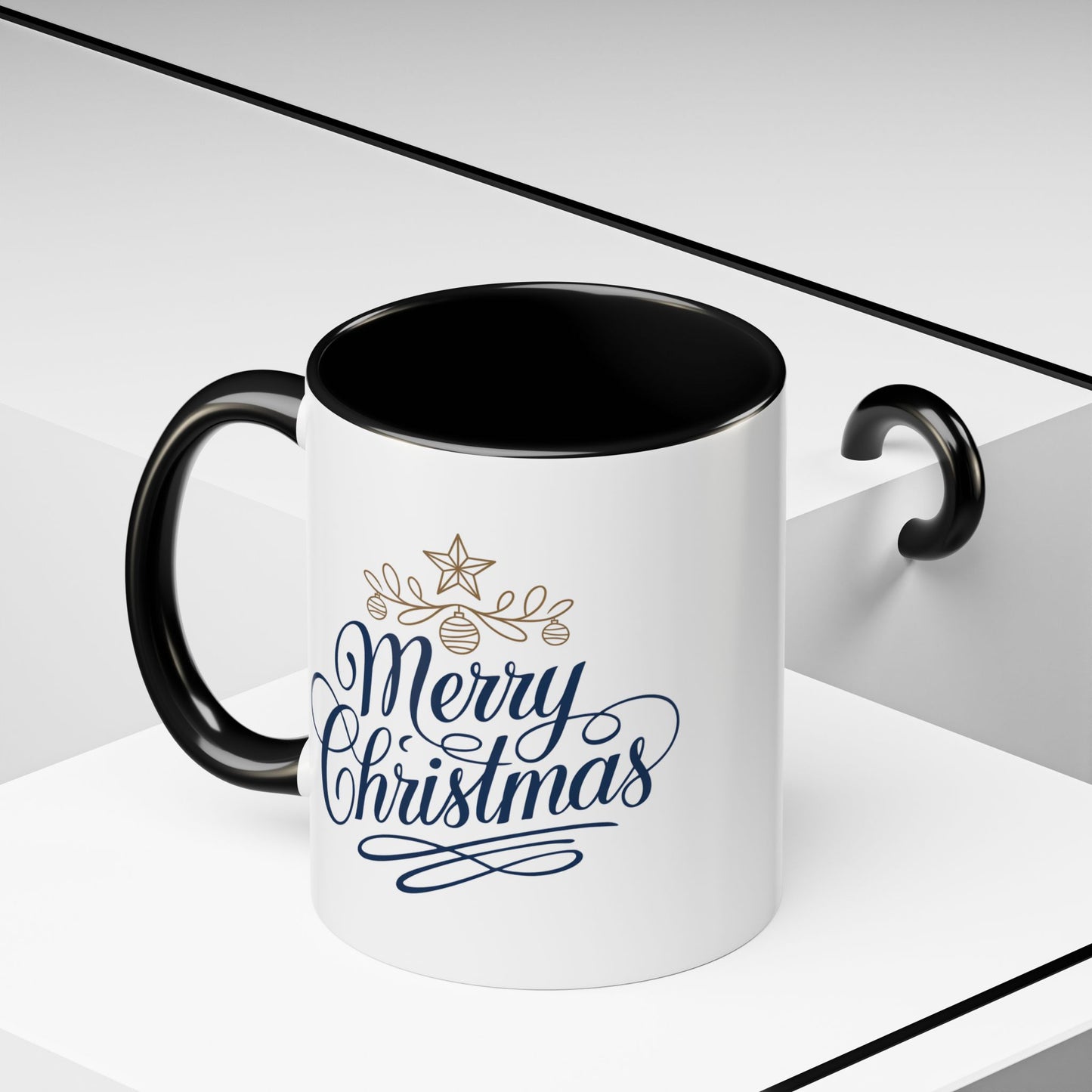 Christmas Mug - Merry Christmas Blue Text Gold Ornaments