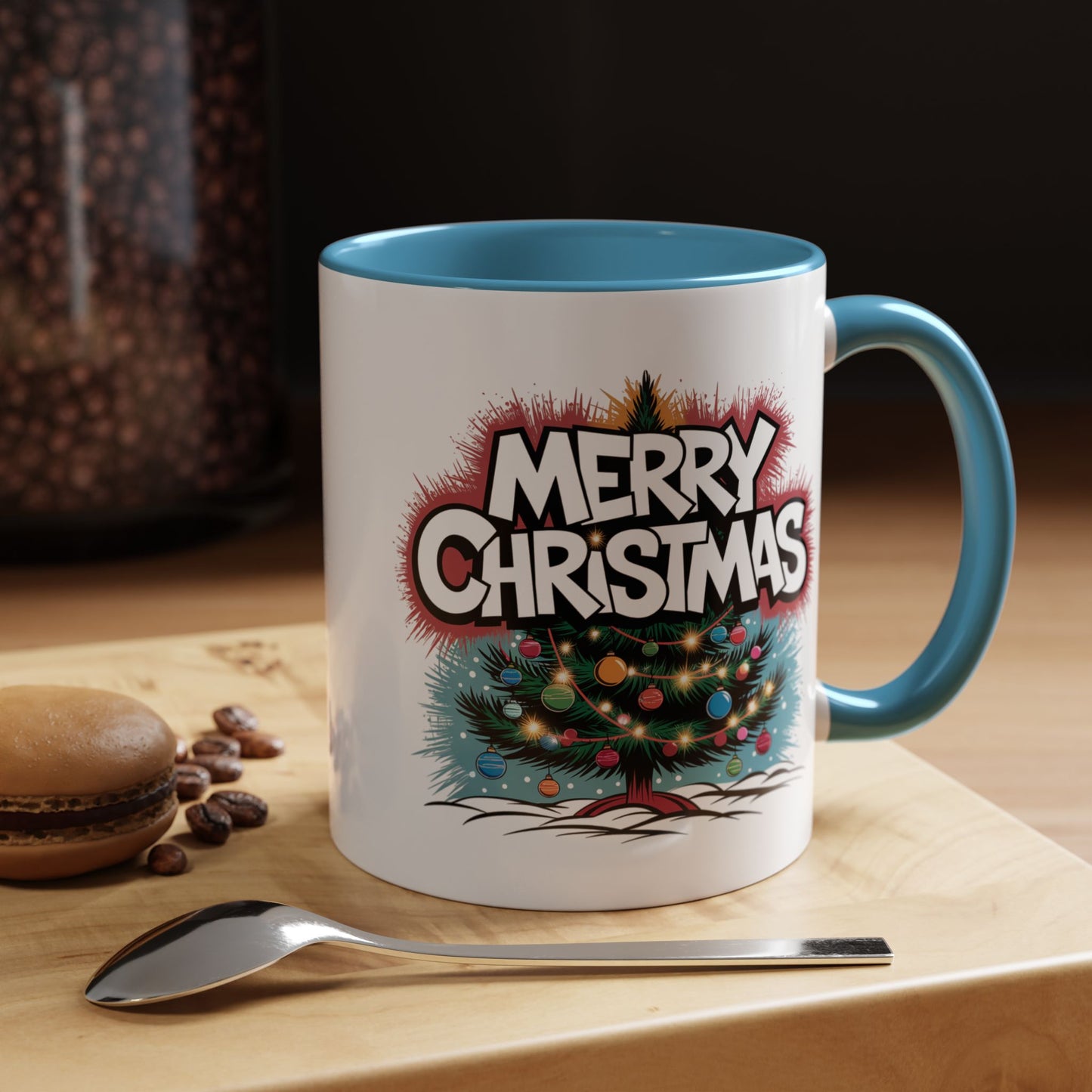 Christmas Mug - Merry Christmas White & Red Text Tree Lights