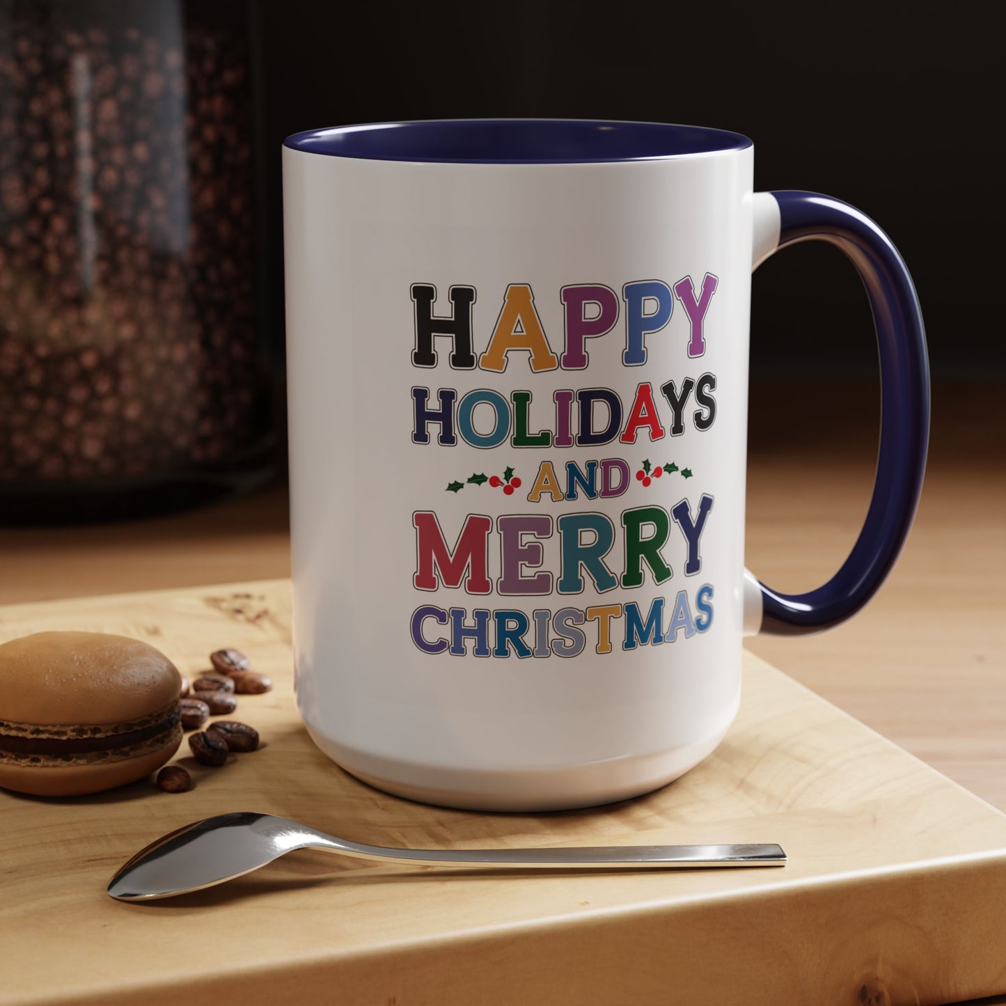 Christmas Mug - Happy Holidays and Merry Christmas Blue Yellow Purple Orange Red Text