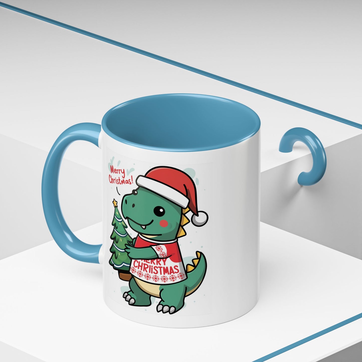 Christmas Mug - Merry Christmas Red Text Dinosaur Tree