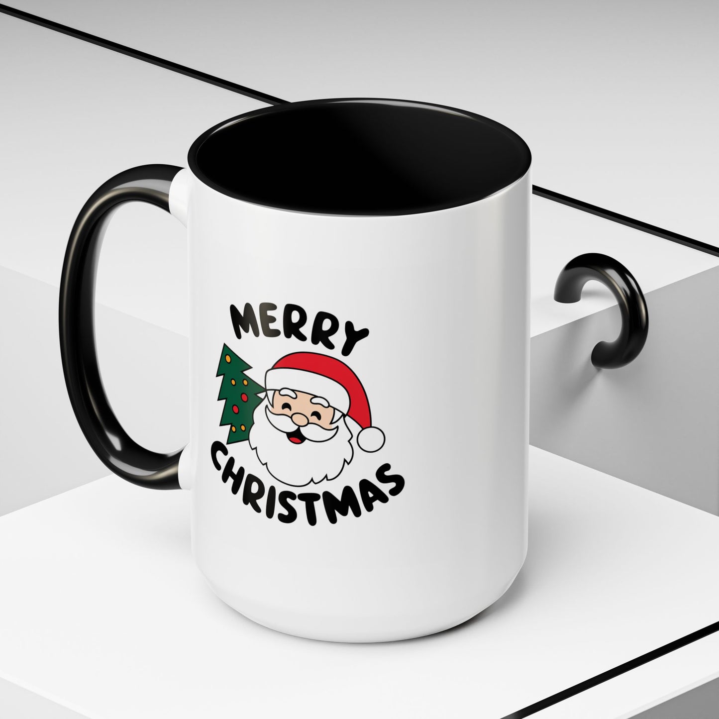 Christmas Mug - Merry Christmas Black Text Santa Tree