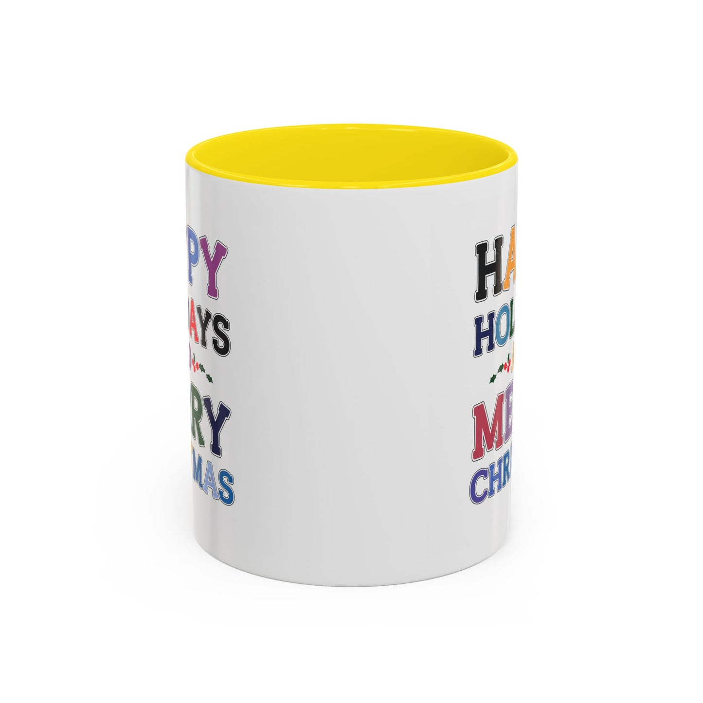 Christmas Mug - Happy Holidays and Merry Christmas Blue Yellow Purple Orange Red Text