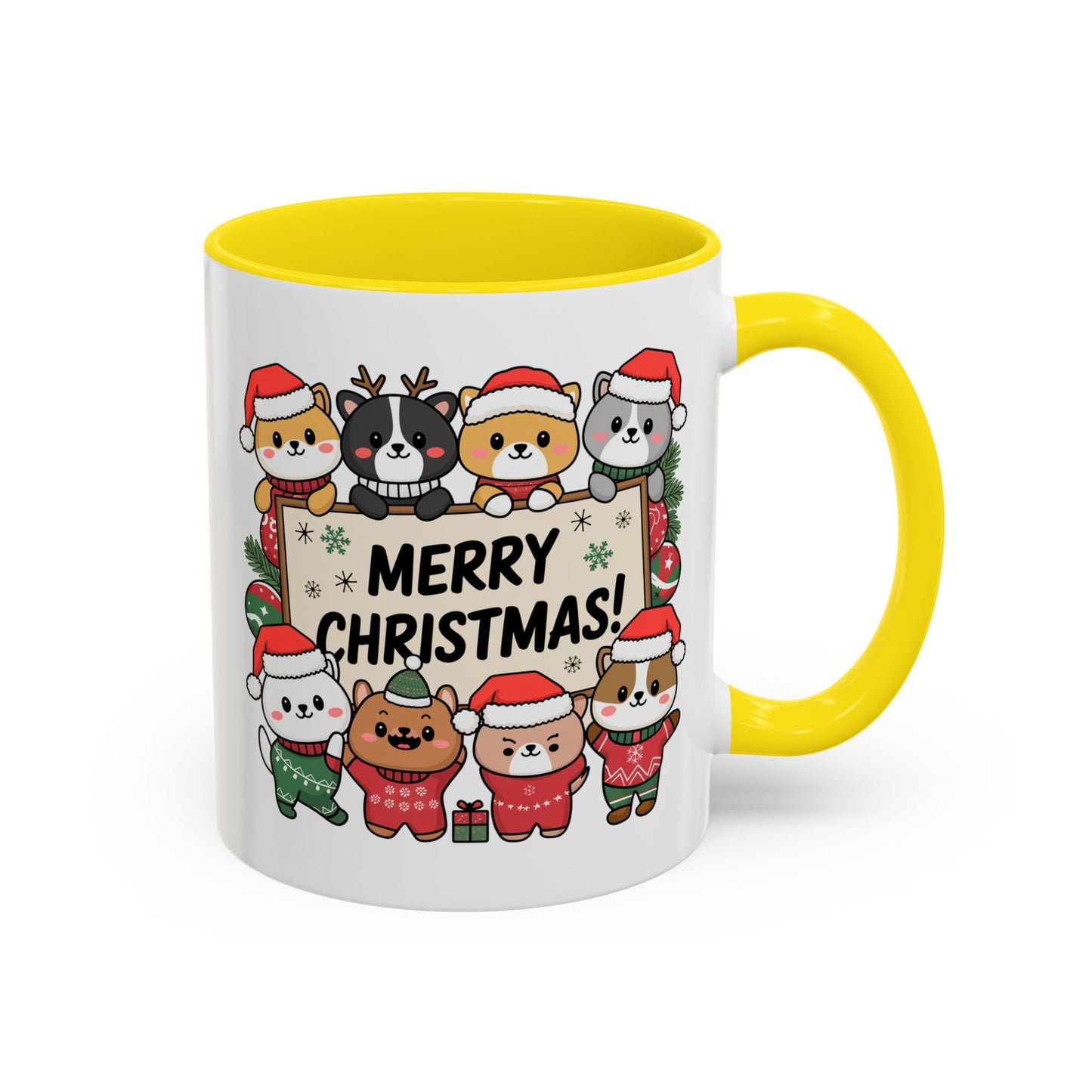 Christmas Mug - Merry Christmas Black Text Cute Animals