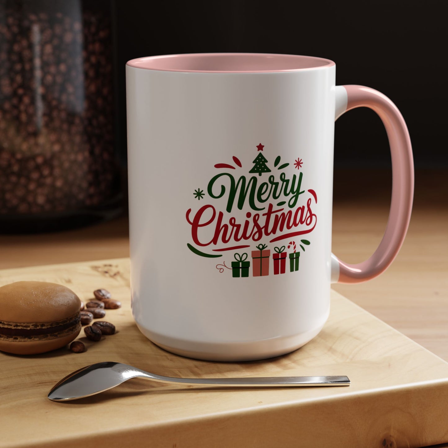 Christmas Mug - Merry Christmas Green & Red Text Tree Snowflakes Presents