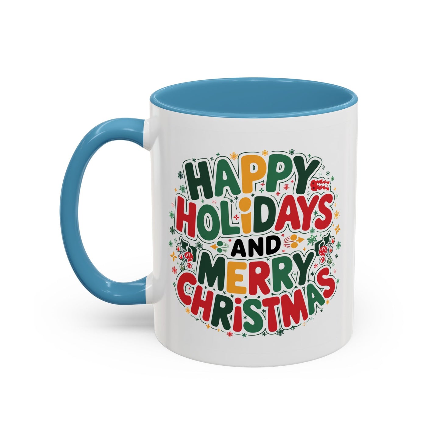 Christmas Mug - Happy Holidays and Merry Christmas Blue Green Yellow Red Text