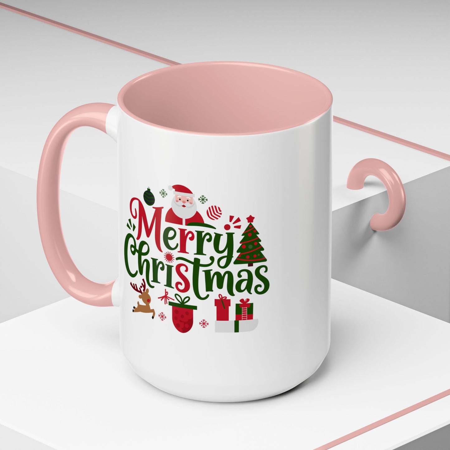 Christmas Mug - Merry Christmas Red & Green Text Santa Reindeer Tree Sleigh Ornaments