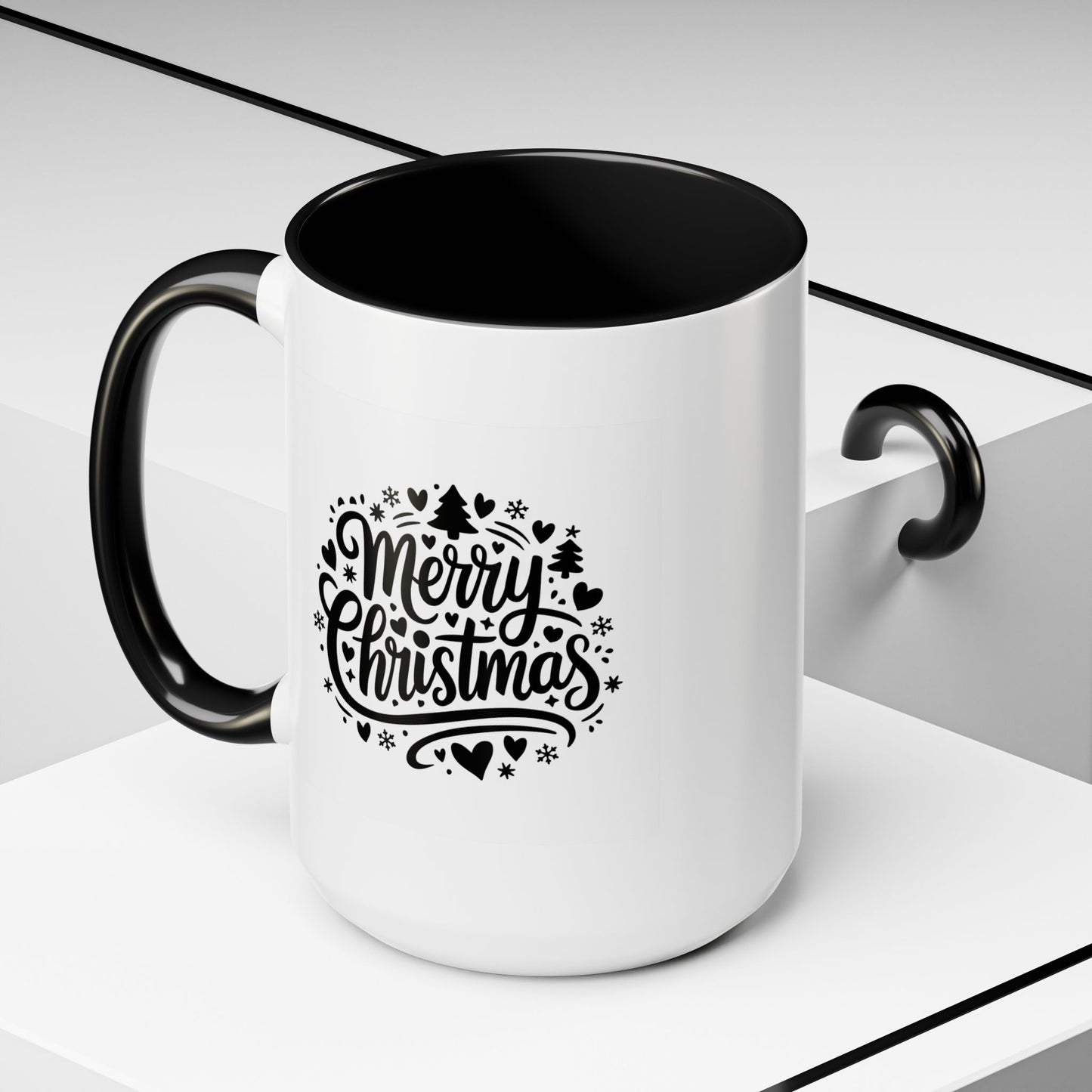 Christmas Mug - Merry Christmas Black Text Trees Snowflakes Hearts