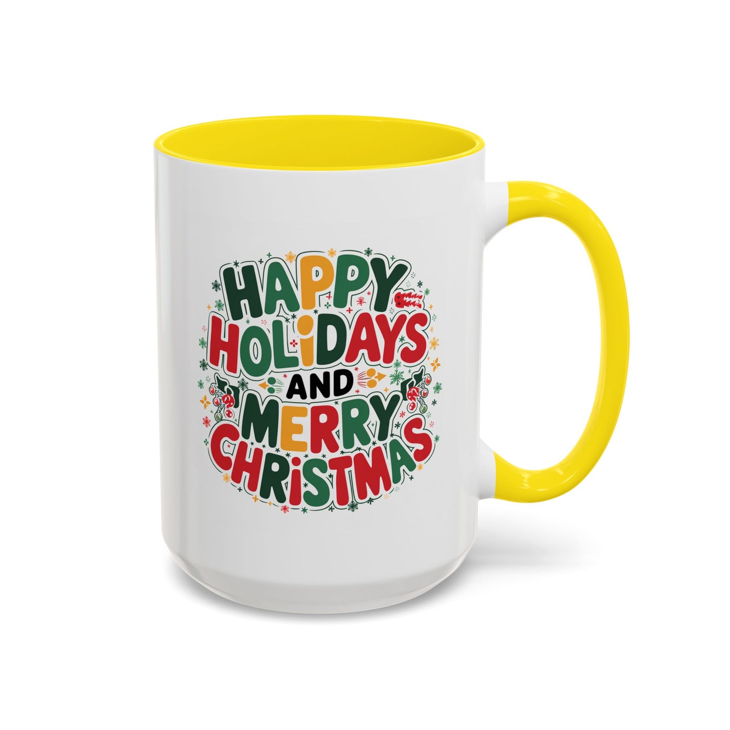 Christmas Mug - Happy Holidays and Merry Christmas Blue Green Yellow Red Text