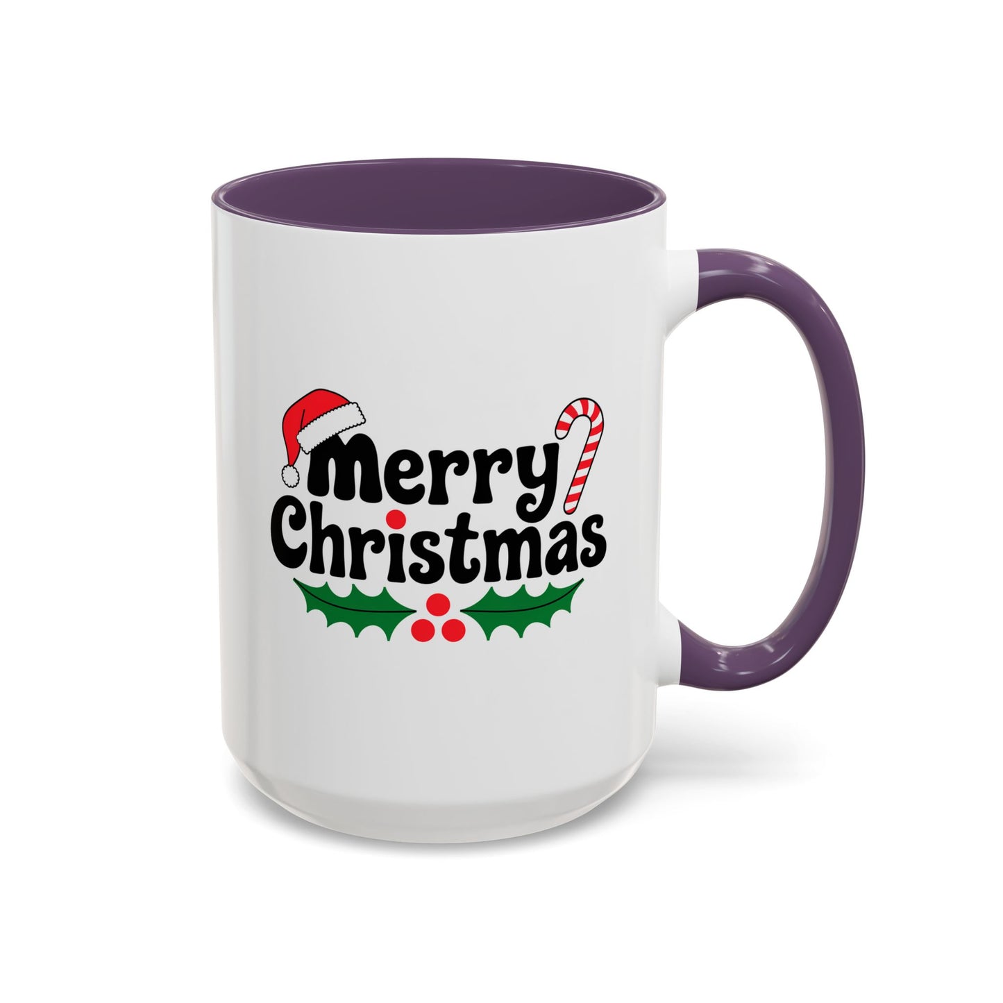 Christmas Mug - Merry Christmas Black Text Hat Candy Cane Mistletoe