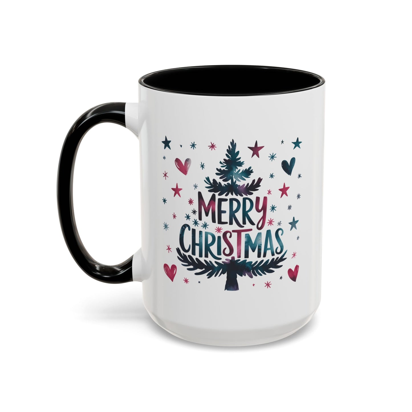 Christmas Mug - Merry Christmas Maroon & Blue Text Tree Hearts Stars